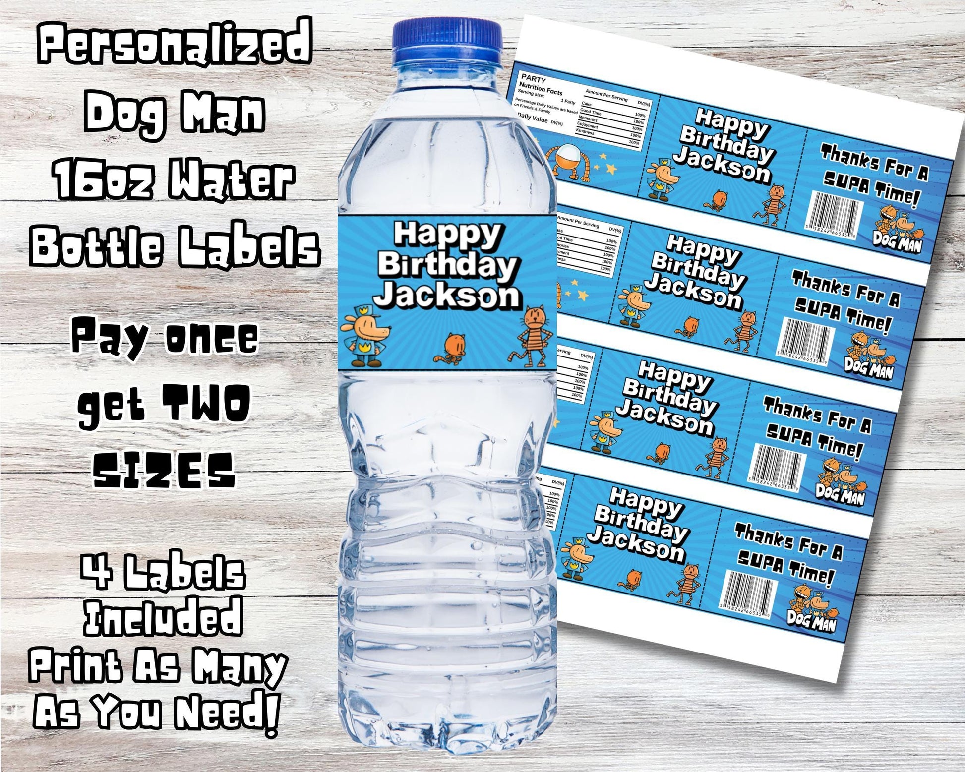 Personalized Dogman Water Bottle Labels, Dogman Birthday Decor, Dogman Stickers, Custom Dogman 16oz 8oz Labels, Dogman Party Favors, Supa