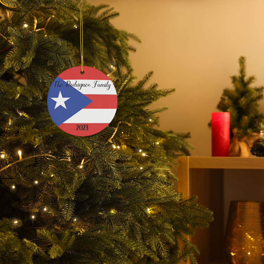 Personalized Puerto Rico Rican Flag Inspired Red Blue White Round Porcelain Ceramic Christmas Ornament Gift Decoration Latina Trip Souvenir
