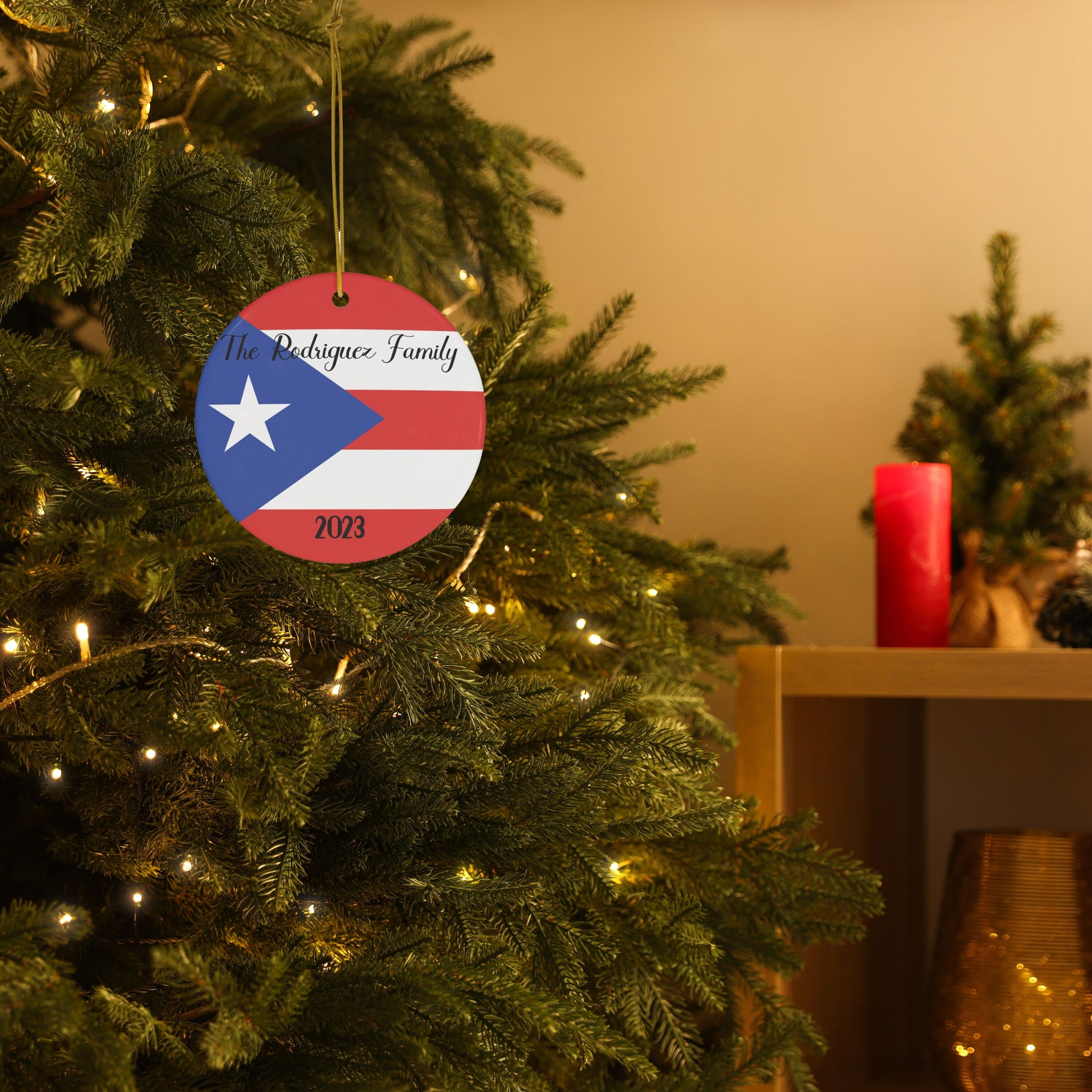 Personalized Puerto Rico Rican Flag Inspired Red Blue White Round Porcelain Ceramic Christmas Ornament Gift Decoration Latina Trip Souvenir