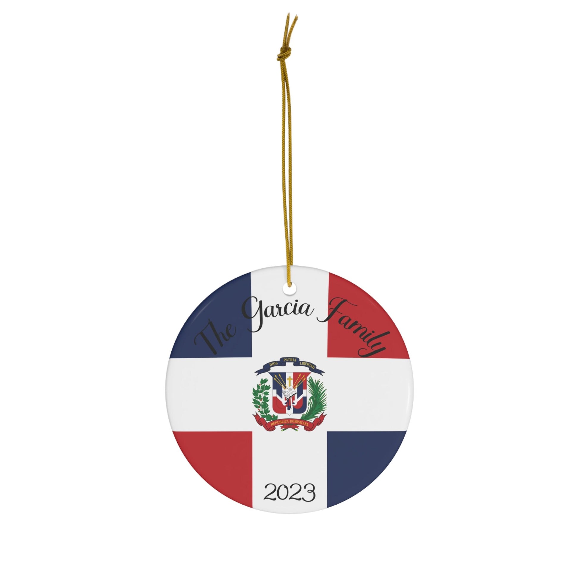 Personalized Dominican Republic Flag Inspired Red Blue White Round Porcelain Ceramic Christmas Ornament Gift Decoration Holiday World Travel