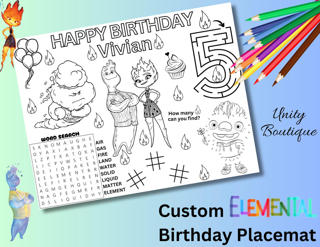 Personalized Elemental Movie Birthday Activity Placemat, Disney Elemental Movie Party Favor