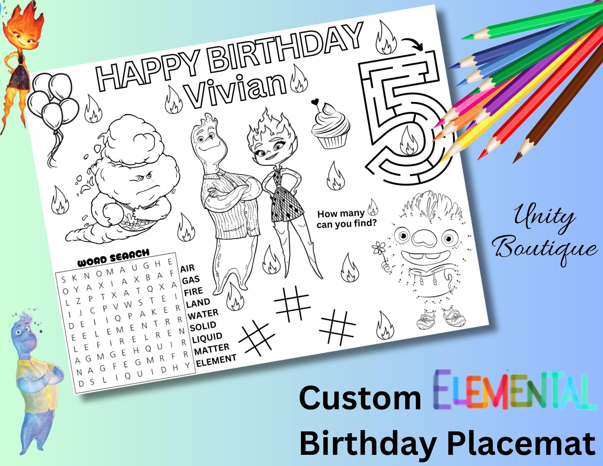 Personalized Elemental Movie Birthday Activity Placemat, Disney Elemental Movie Party Favor