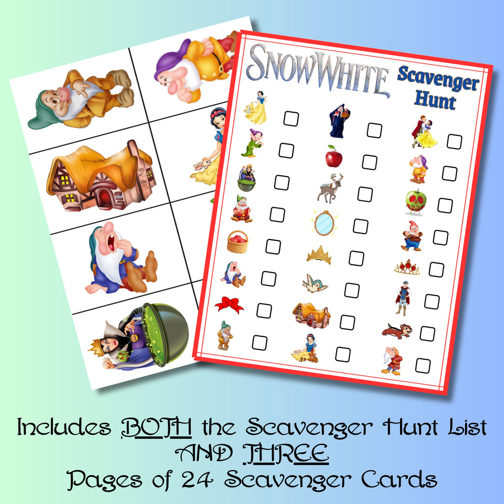 Printable Princess Scavenger Hunt, Snow Princess Dwarf Scavenger Hunt, Princess Party Game, Instant Download, Fairytale White Birthday Game