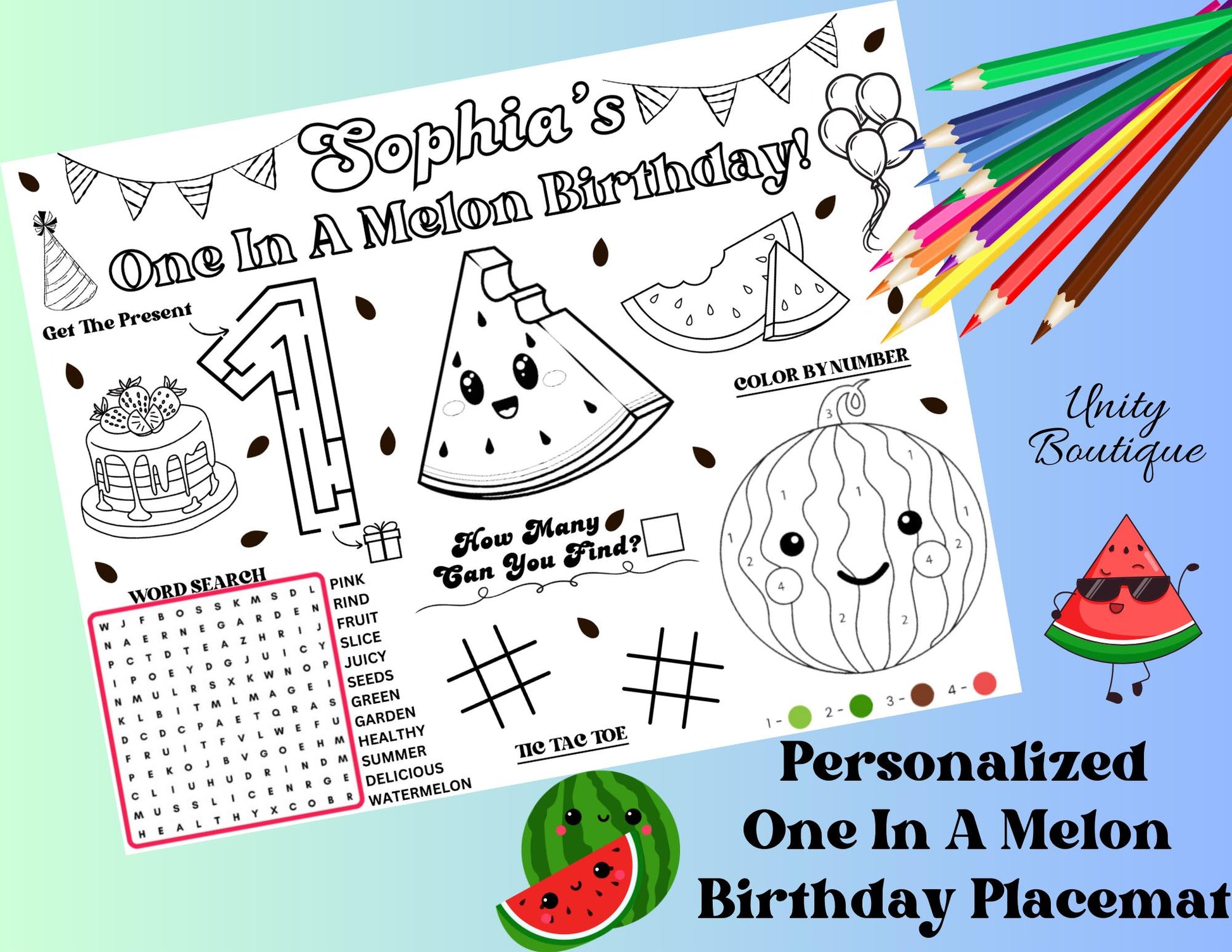 Personalized One In A Melon Birthday Activity Placemat, Watermelon Theme Birthday