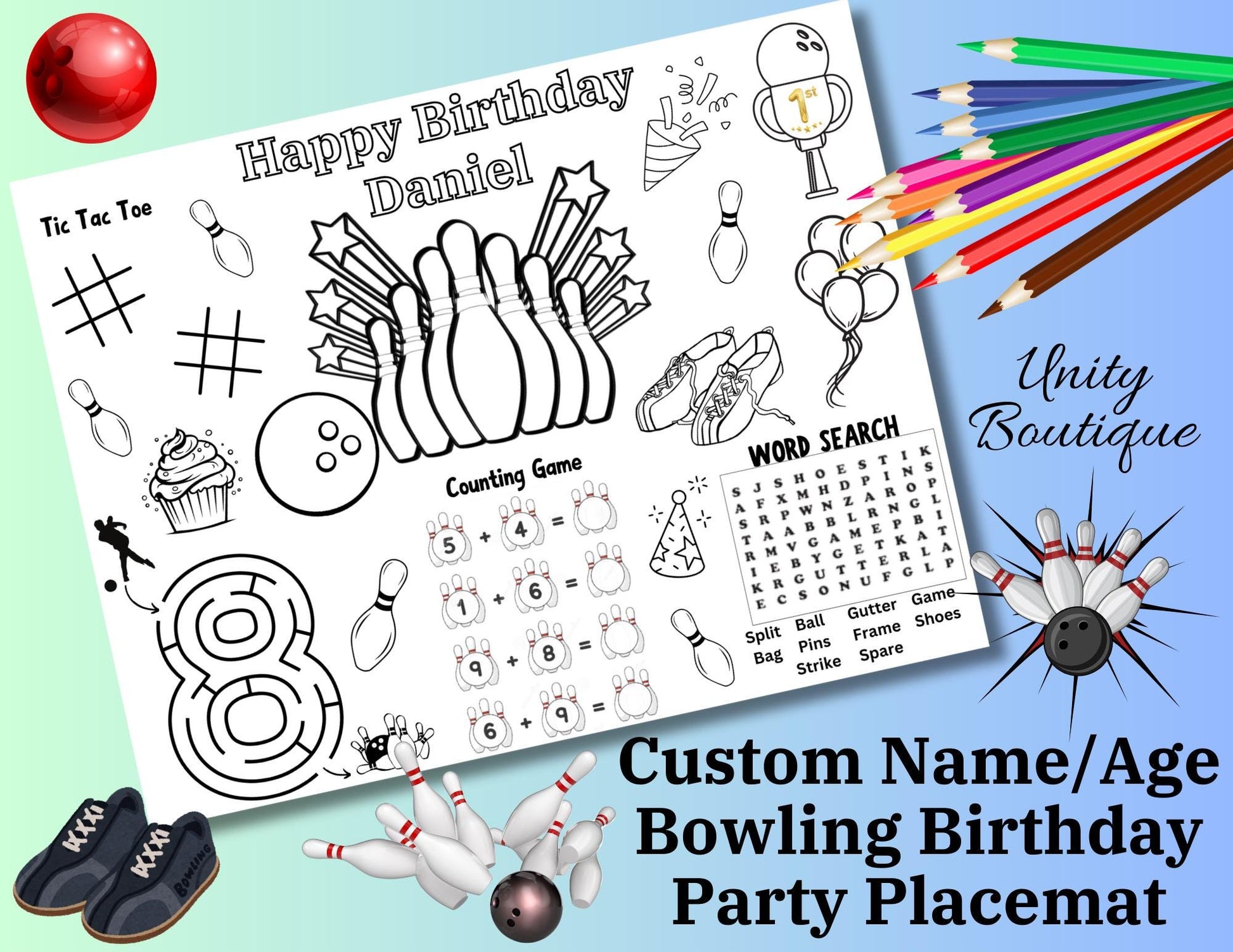Personalized Bowling Birthday Party Activity Placemat, Bowling Party Favor