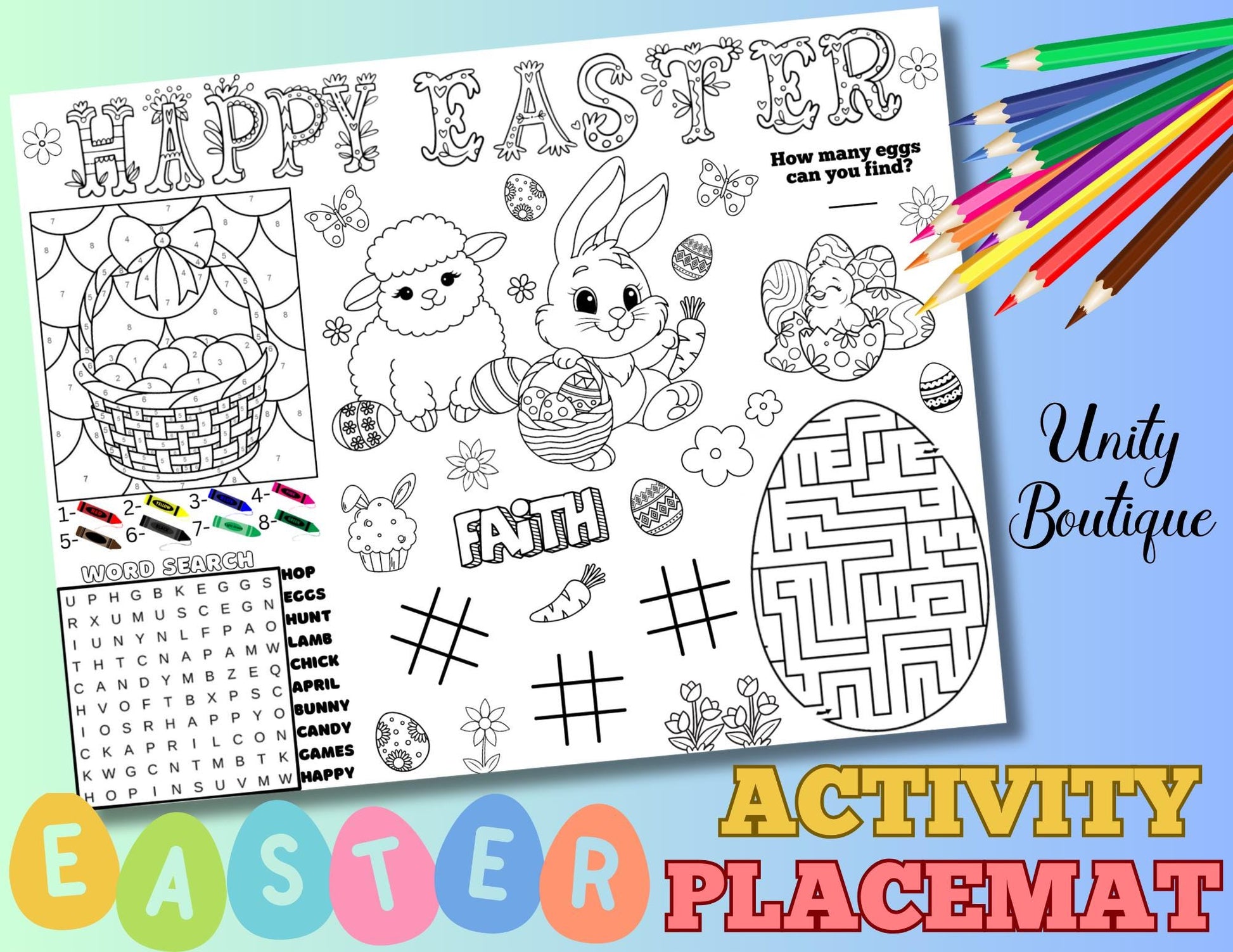 Printable Easter Activity Sheet, Instant Download Easter Placemat, Happy Easter Craft Coloring Page, Sunday School Page, Easter Party Favor