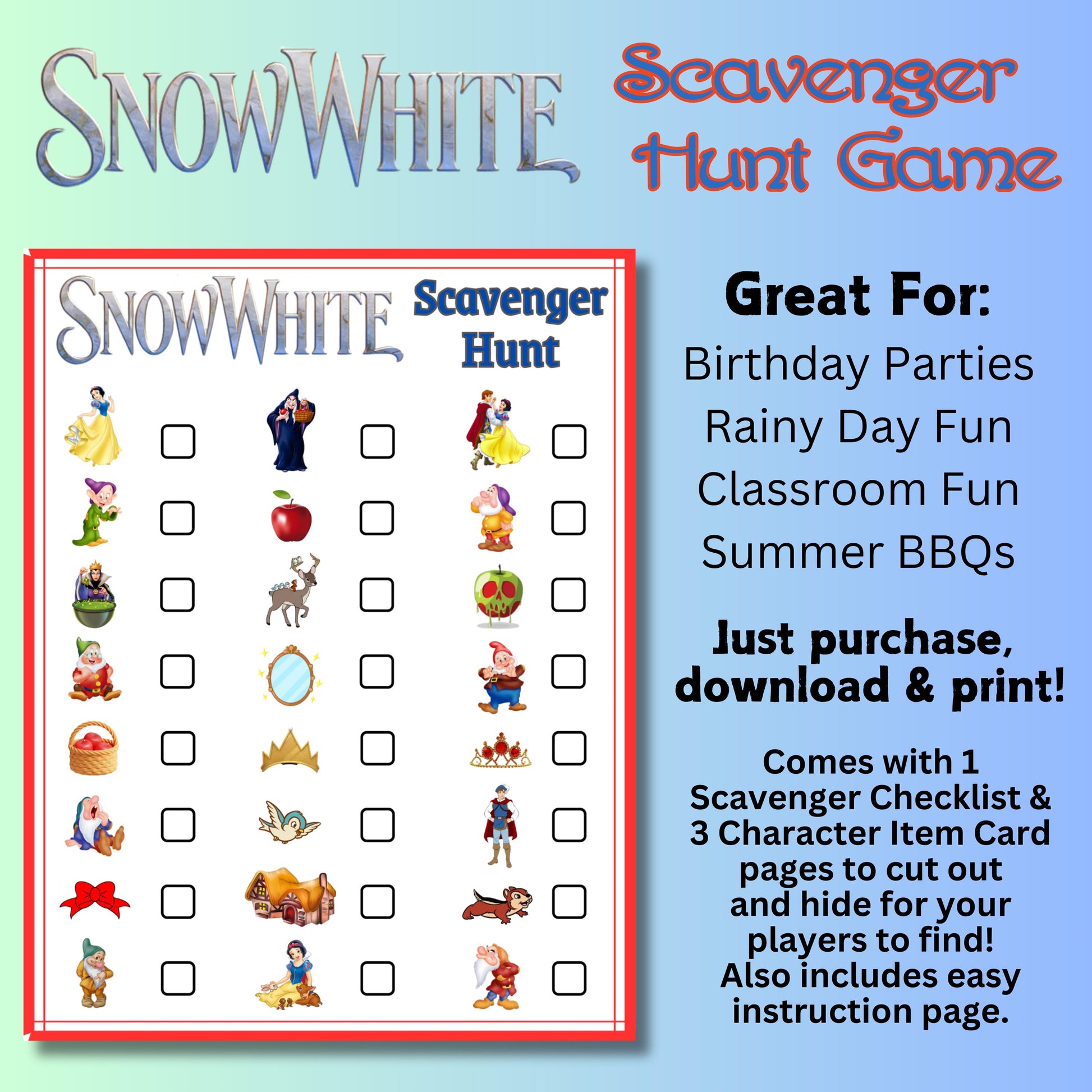 Printable Princess Scavenger Hunt, Snow Princess Dwarf Scavenger Hunt, Princess Party Game, Instant Download, Fairytale White Birthday Game