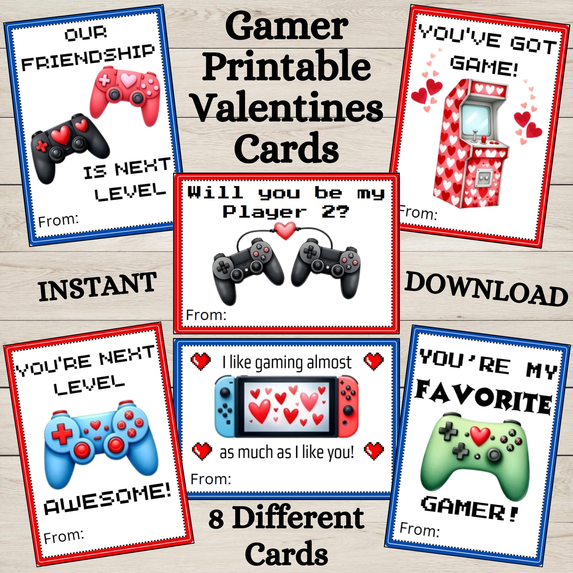 Video Game Valentines, INSTANT DOWNLOAD, Gamer Valentine, Boy Valentines Cards For School Classroom, Printable Retro Gaming Kids Valentines