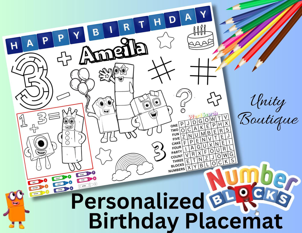 Personalized Numberblocks Birthday Activity Placemat, Numberblocks Party Favor