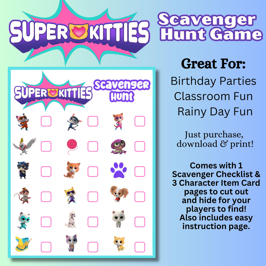 Printable Super Hero Kitties Scavenger Hunt, Hero Kitties Party Game, Kitties Party Favor, Kitty Instant Download Treasure Hunt Game
