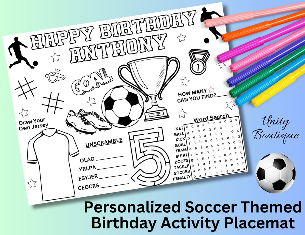 Personalized Soccer Themed Birthday Activity Placemat