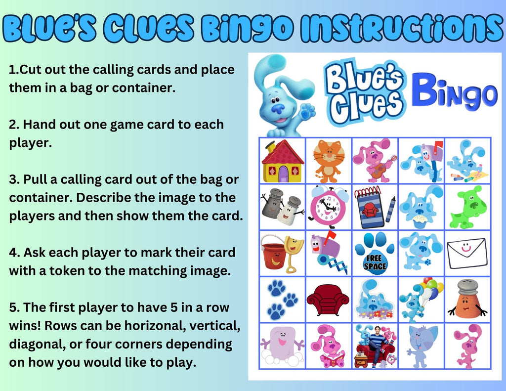 Blue Clues Bingo Game, Blue Clues Birthday Game, Blue Clues Baby Shower, Blue Clues Party, Instant Download, Blues Clues Friends Party Favor