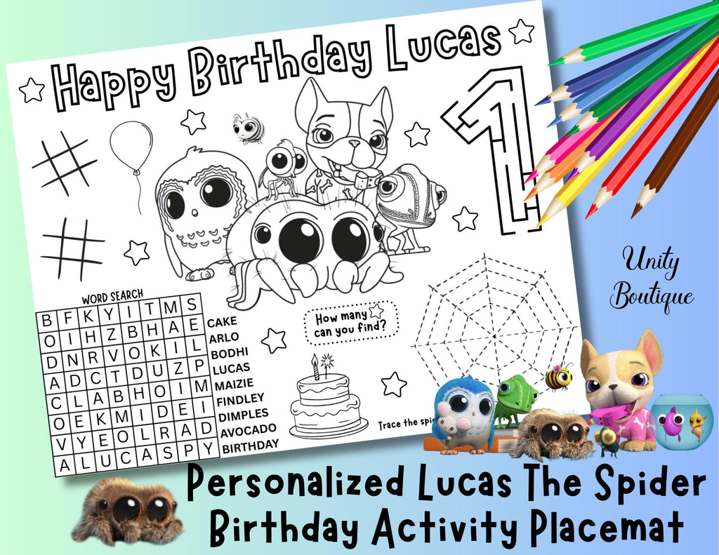 Personalized Lucas the Spider Birthday Activity Placemat, Lucas the Spider and Friends Party Favor