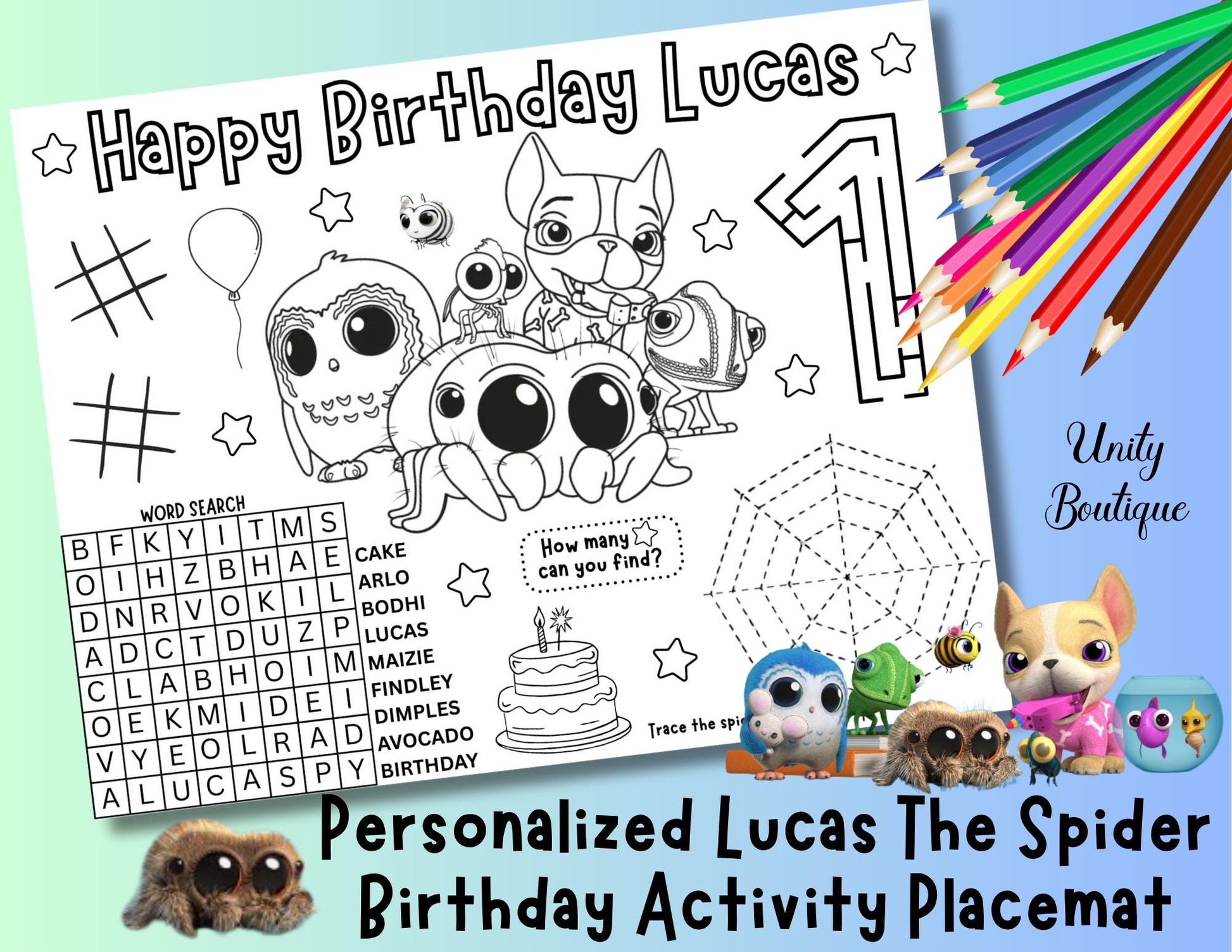 Personalized Lucas the Spider Birthday Activity Placemat, Lucas the Spider and Friends Party Favor