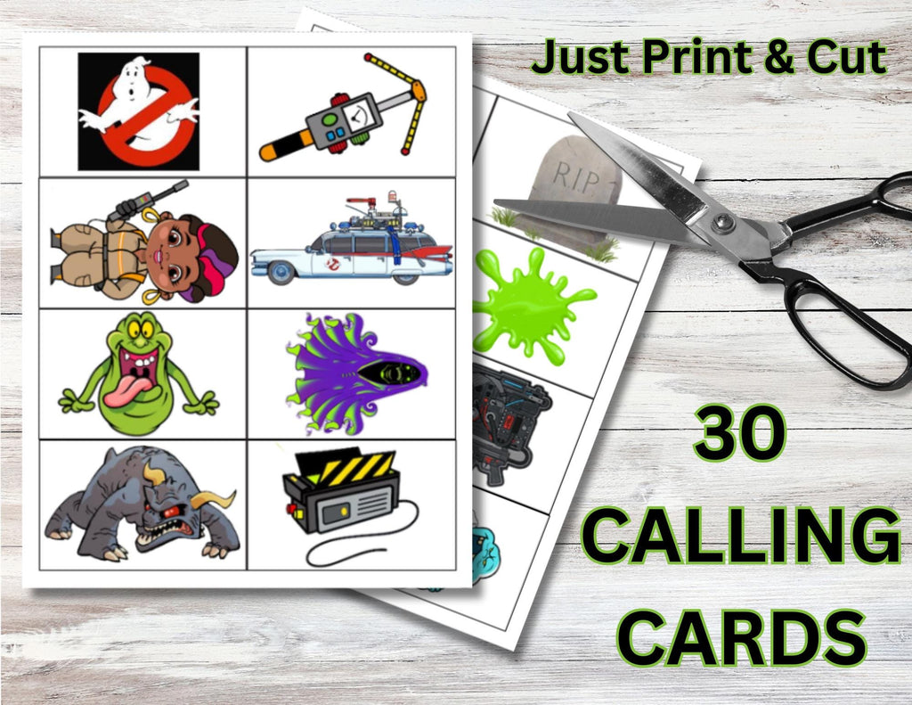 Juego de bingo con temática de los Cazafantasmas, fiesta de cumpleaños de los Cazafantasmas, Stay Puft, Slimer, juego de los Cazafantasmas, juego de fiesta de Halloween, juego de bingo de 20 cartones