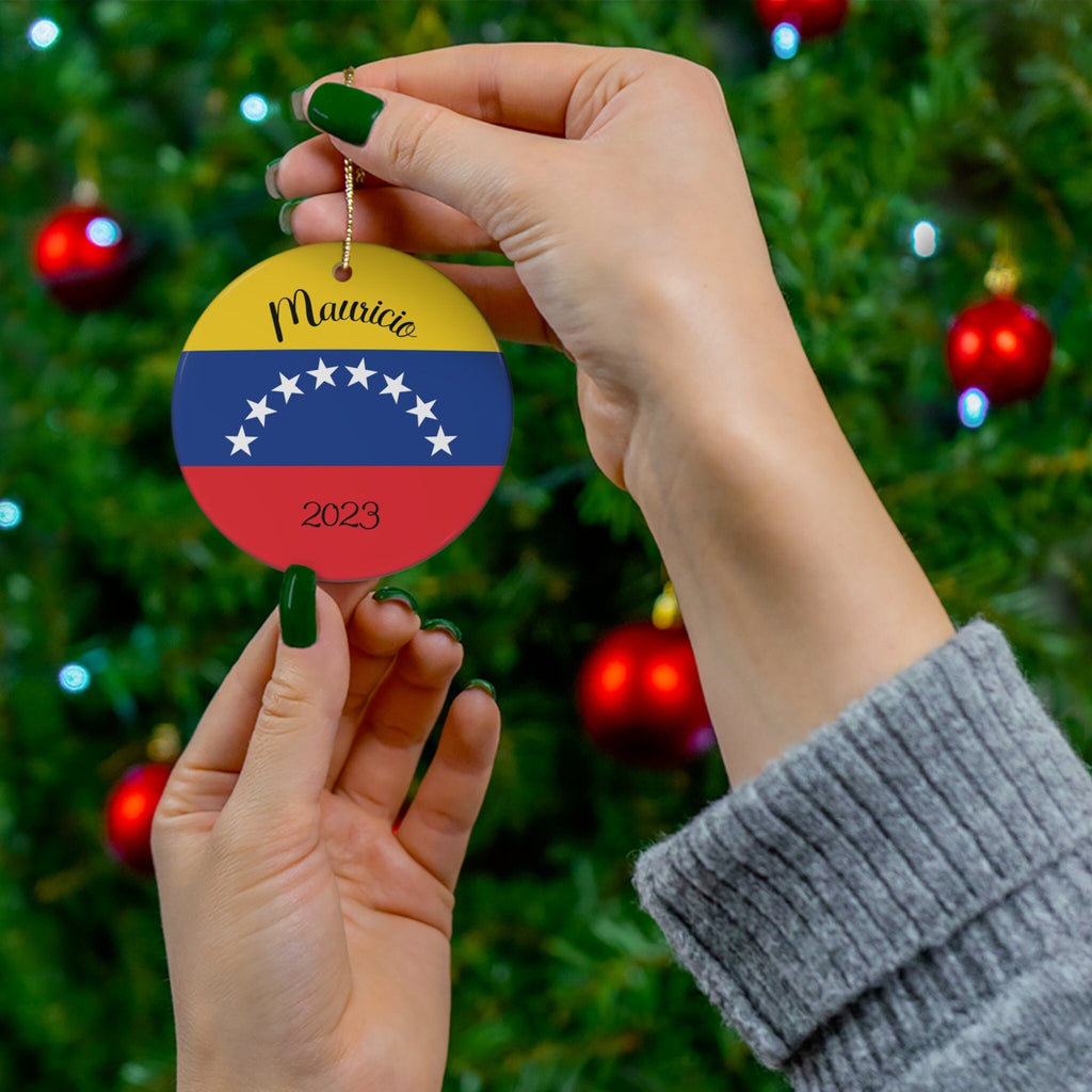 Personalized Venezuela Venezuelan Flag Inspired Yellow Red Blue White Round Ceramic Christmas Ornament Gift Decoration Holiday World Travel
