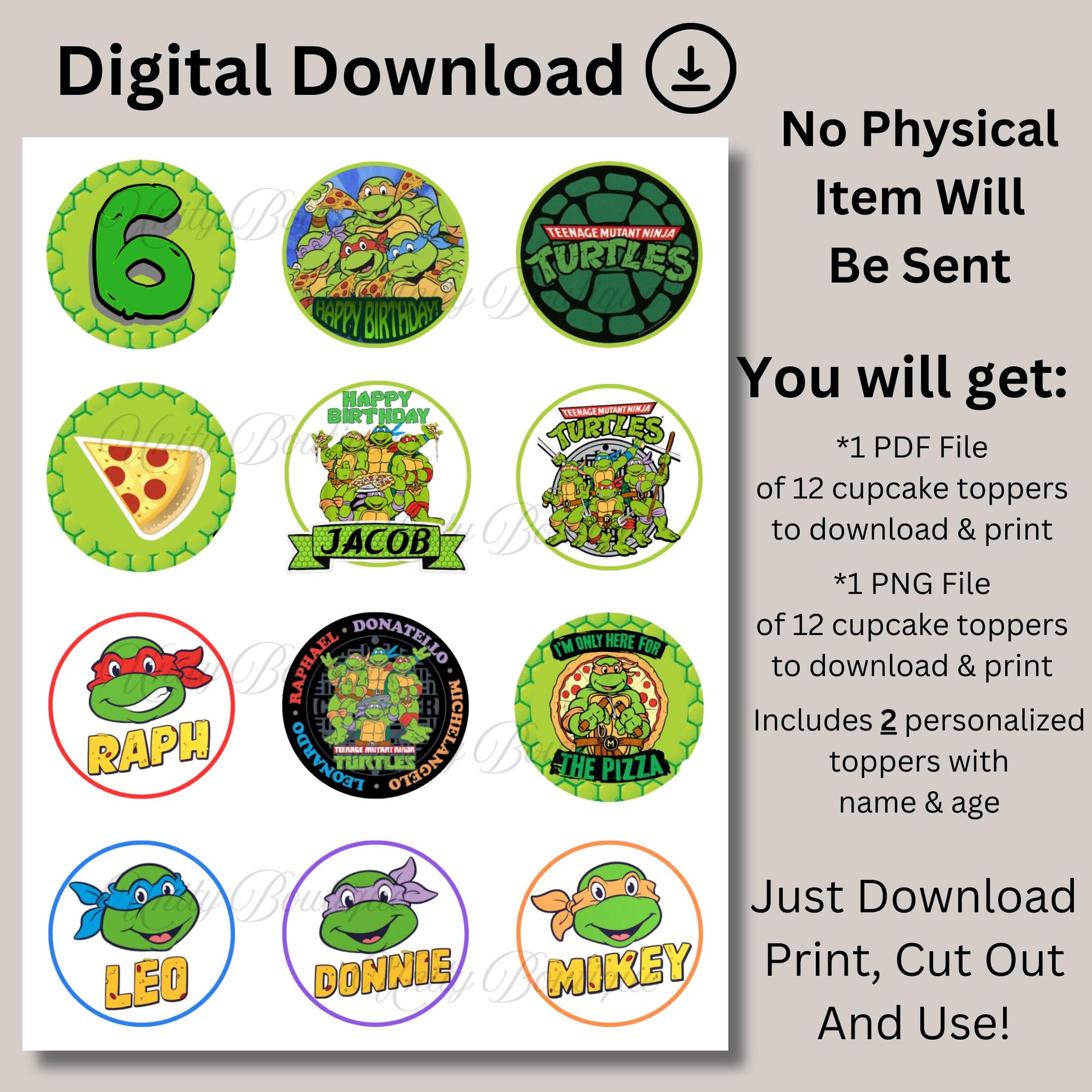 Personalized Teenage Mutant Ninja Turtle Birthday Cupcake Toppers, Custom Ninja Turtle Party Decorations