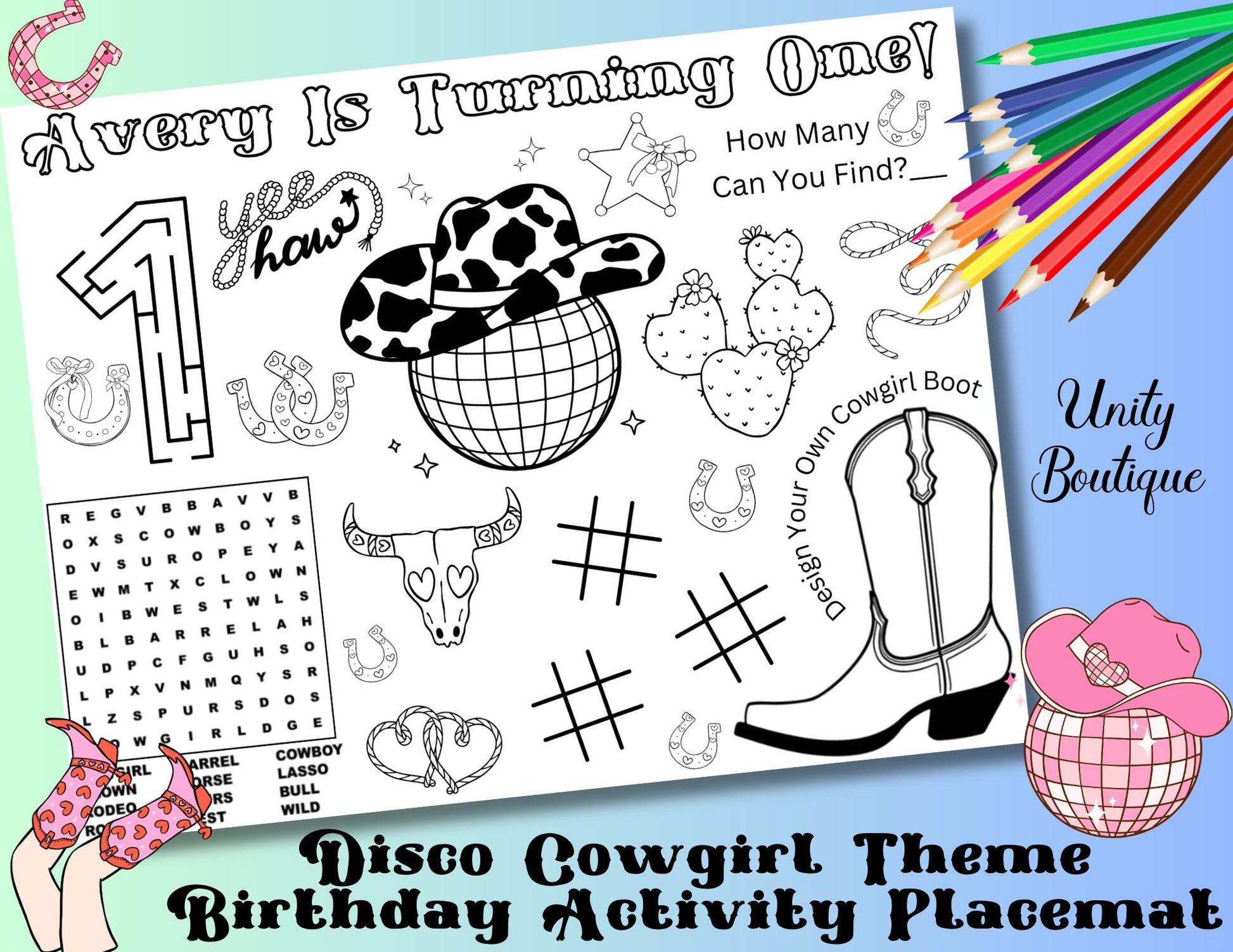 Disco Cowgirl Birthday Activity Placemat, Disco Space Cowgirl Rodeo Party Favor