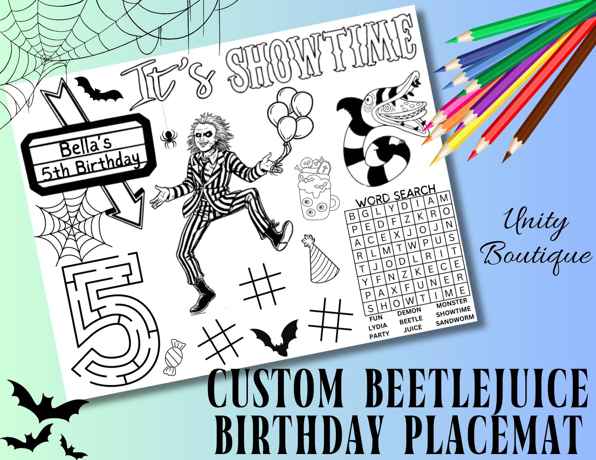 Personalized Beetlejuice Birthday Activity Placemat, Beetleguise Party Favor