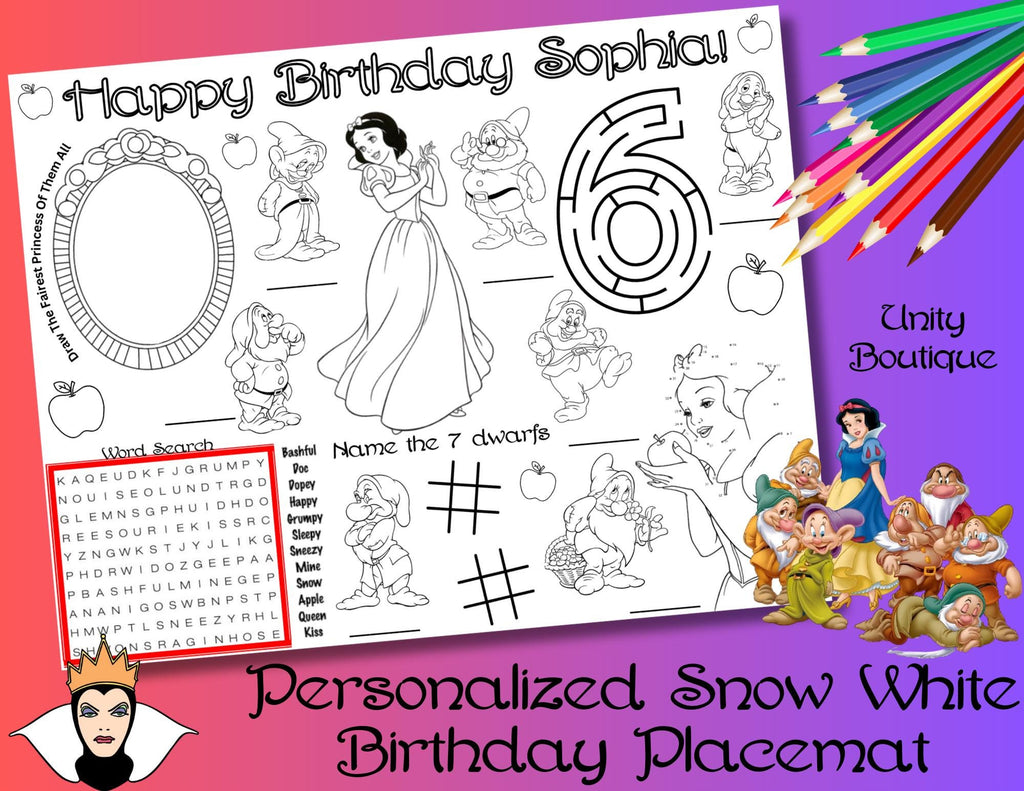 Personalized Snow White Birthday Activity Placemat, Princess Snow White and the Seven Dwarfs Party Favor