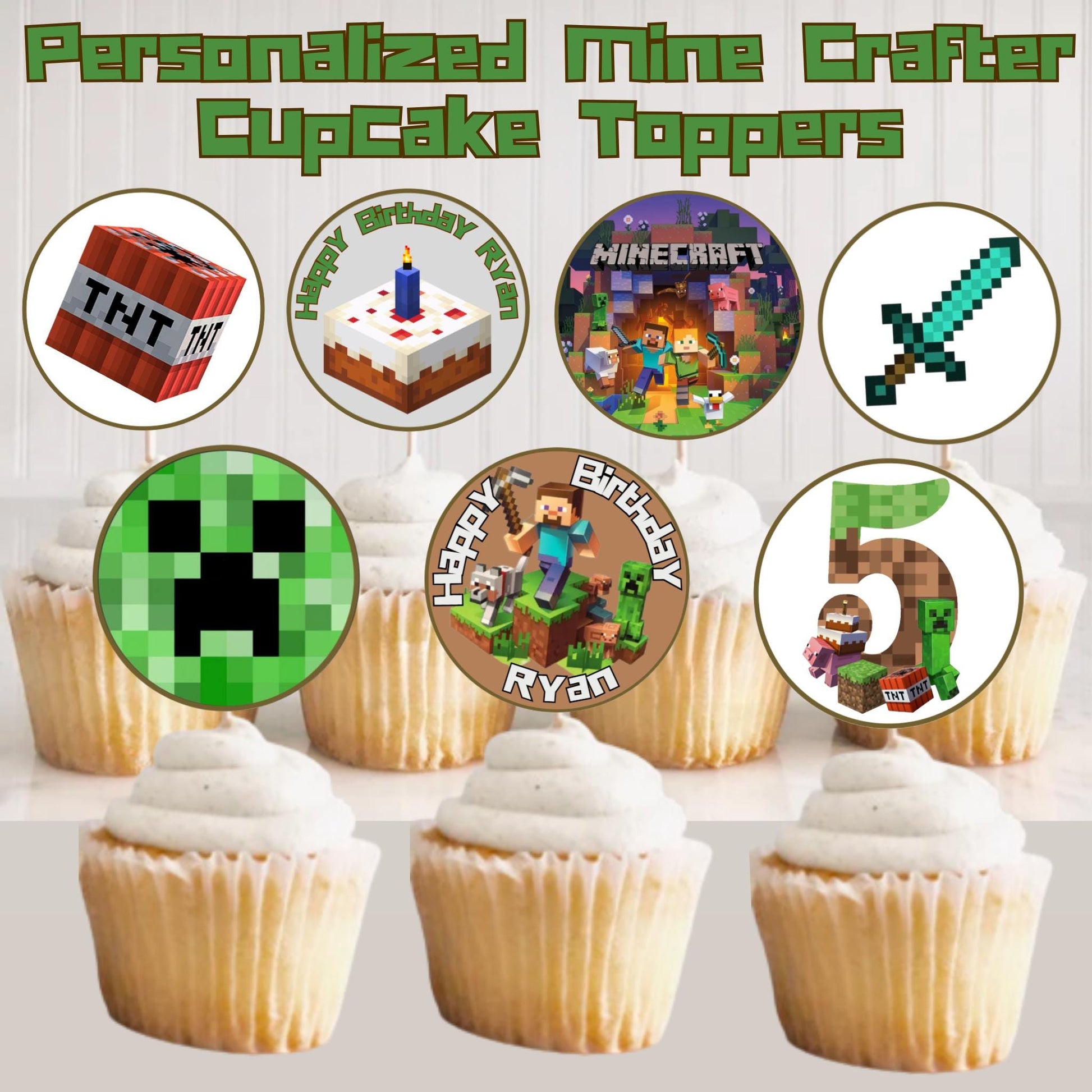 Personalized Minecraft Cupcake Toppers, Mincraft Birthday Theme Cupcake Topper Decorations