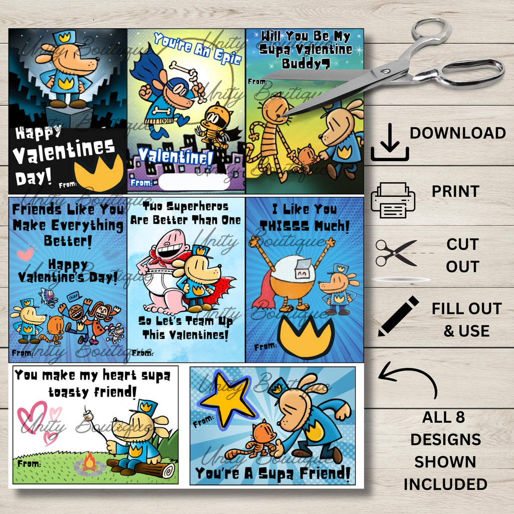 Printable Dog Man Valentines Cards, Dog Man theme Valentines, DIY Dogman Valentine, Instant Download Dogman Class Valentines, Comic Valentine