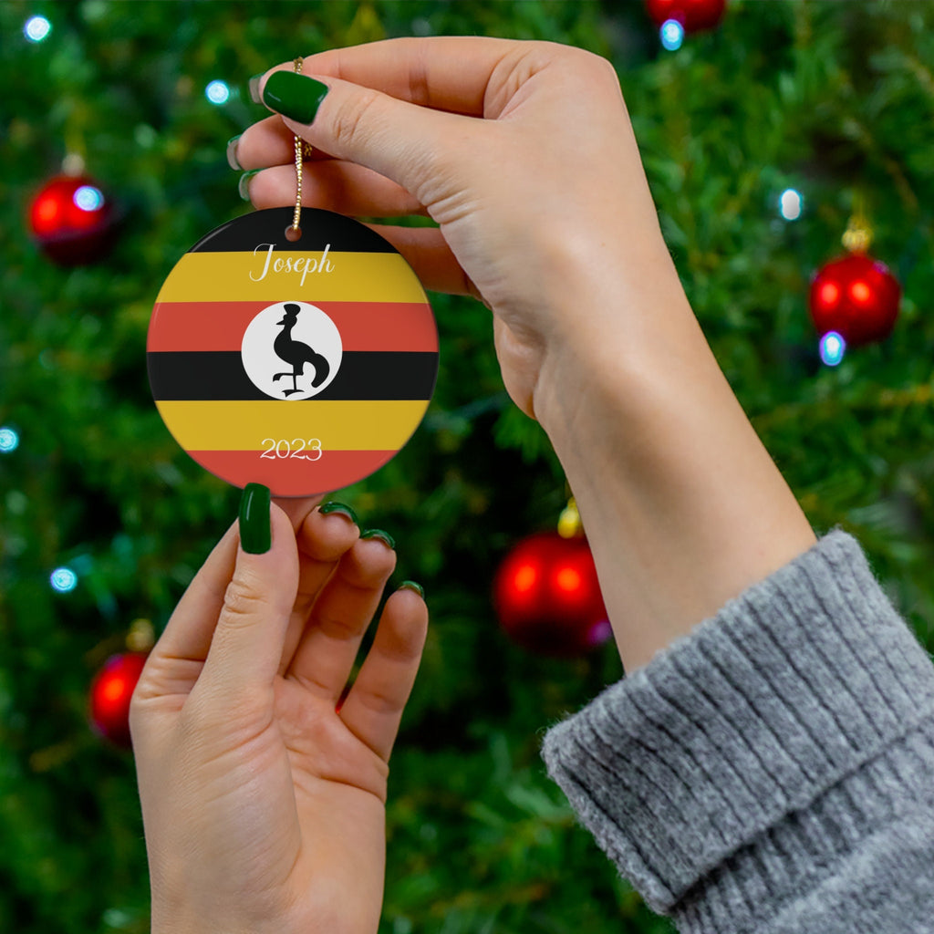 Personalized Uganda Christmas Ornament Ugandan Flag Yellow Red Black Round Ceramic Gift Decoration Holiday World Travel Themed Africa Custom