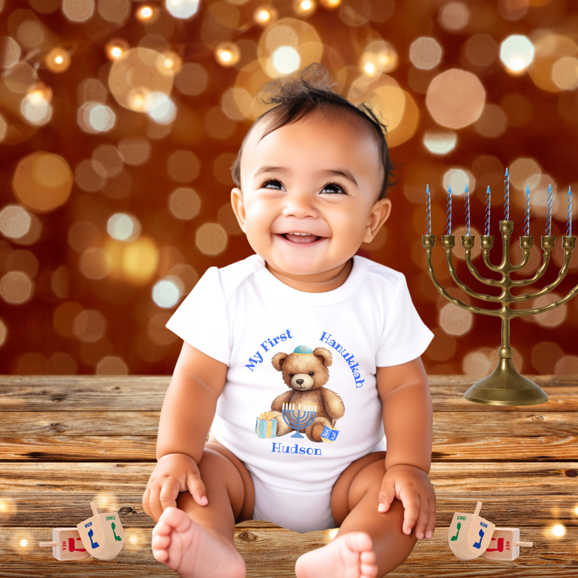Personalized Kids My First Hanukkah Shirt, Customized Hanukkah Shirt with Name, Hanukkah Teddy Bear Kids T-shirt