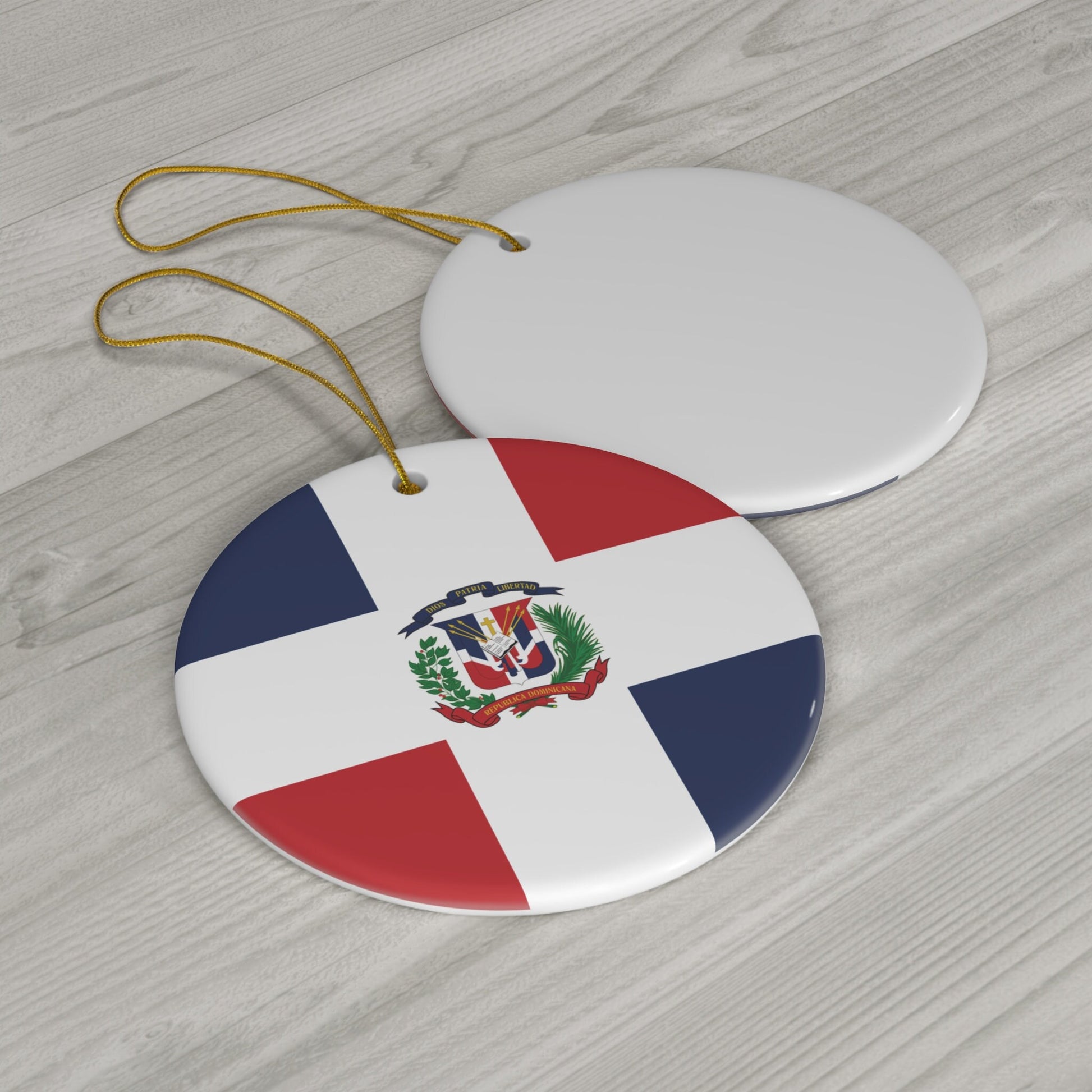 Personalized Dominican Republic Flag Inspired Red Blue White Round Porcelain Ceramic Christmas Ornament Gift Decoration Holiday World Travel
