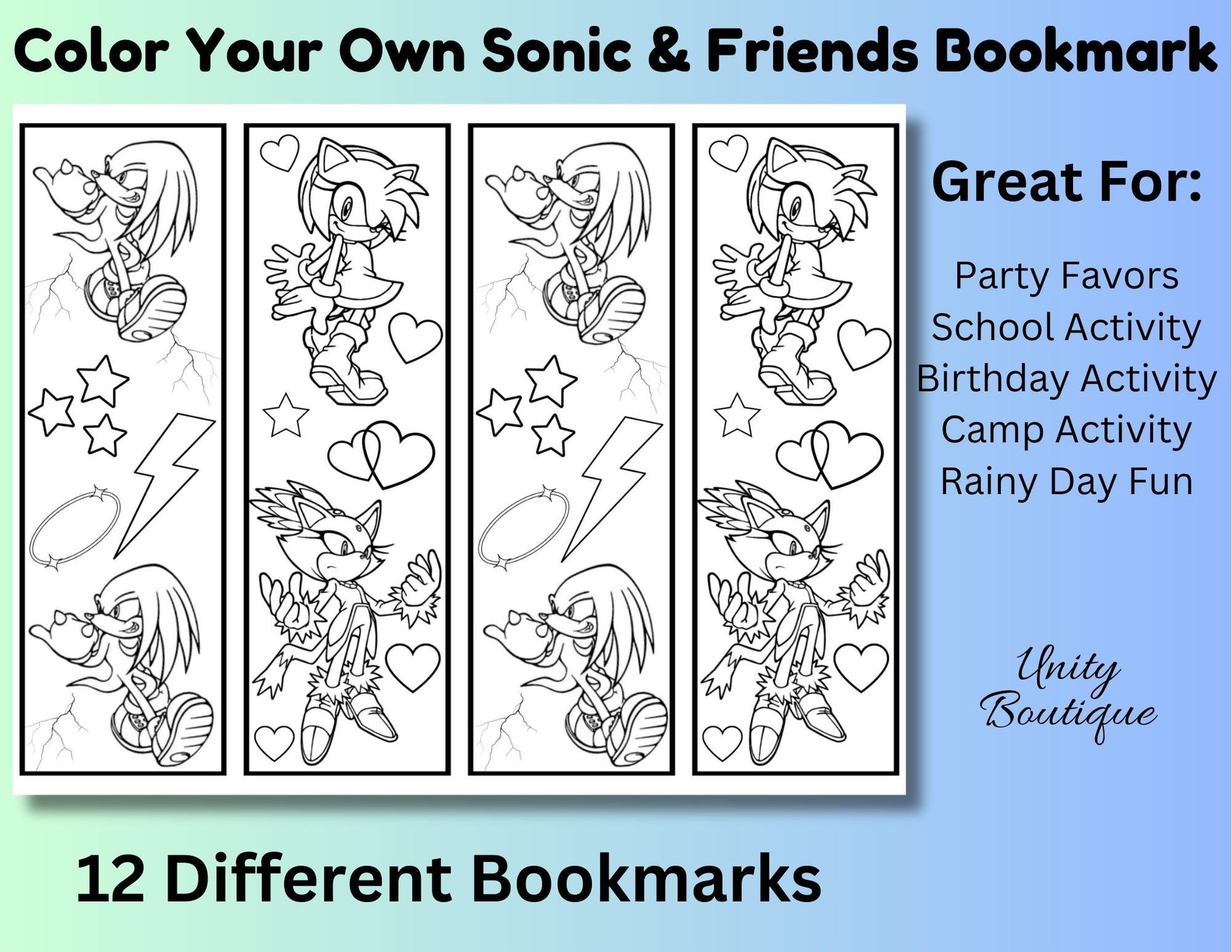 Printable Sonic Color Your Own Bookmarks, Sonic Party Favors, Hedgehog Bookmark Coloring Pages For Kids, Instant Download DIY Kids Activity