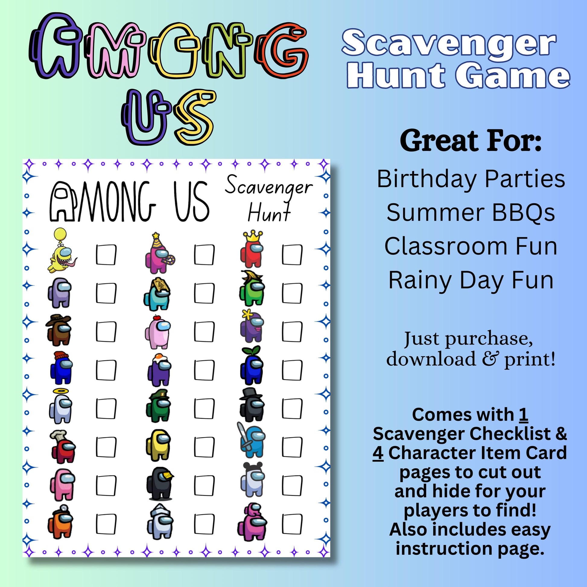 Printable Among Us Alien Scavenger Hunt, Imposter Game, Among Us Party Game, Birthday for Gamer Boy Gamer Girl, Imposter Favors, Alien Hunting Game