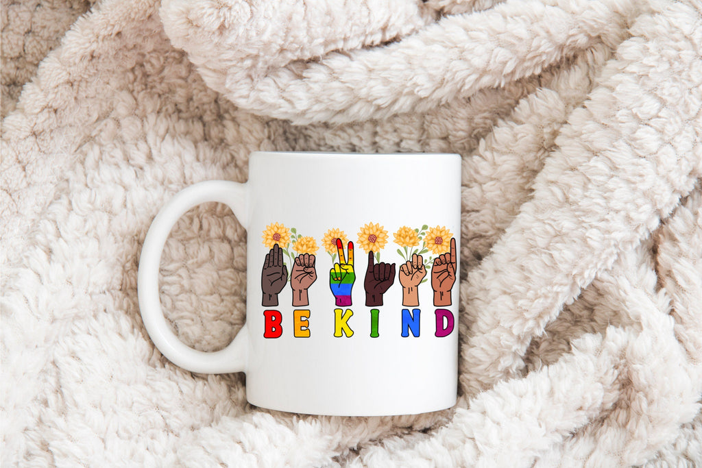 Be Kind Sign Language Mug, ASL Coffee Cup, Sunflower ASL Coffee Cup, Hand Sign Language Mug, Deaf Community Mug, Holiday Gift, Kindness Mug