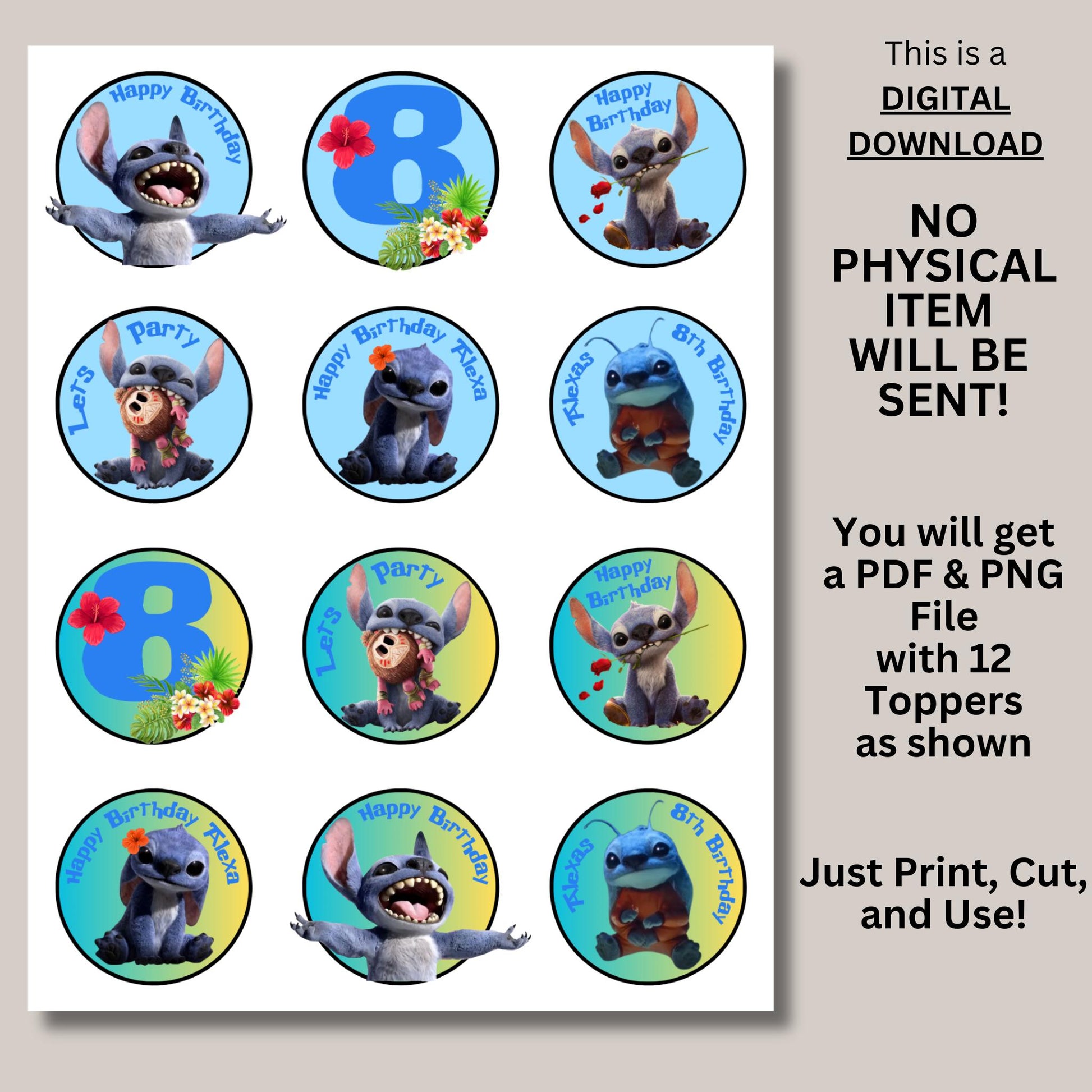 Personalized Stitch Movie Cupcake Toppers, Custom Stitch Birthday Decor, Stitch Party Favors, Stitch Party Supplies, Printable Stitch Topper