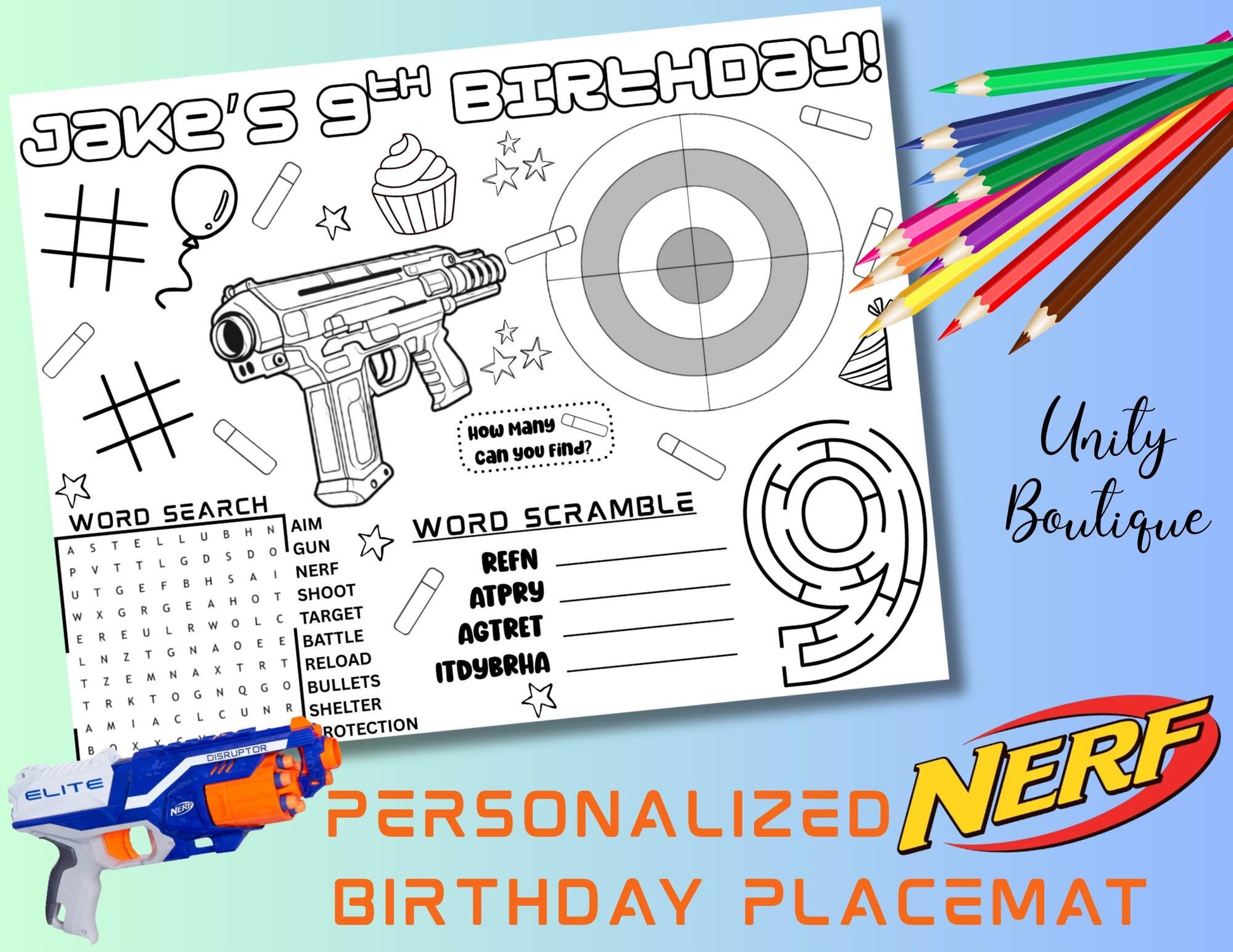 Personalized Nerf Gun Birthday Party Activity Placemat