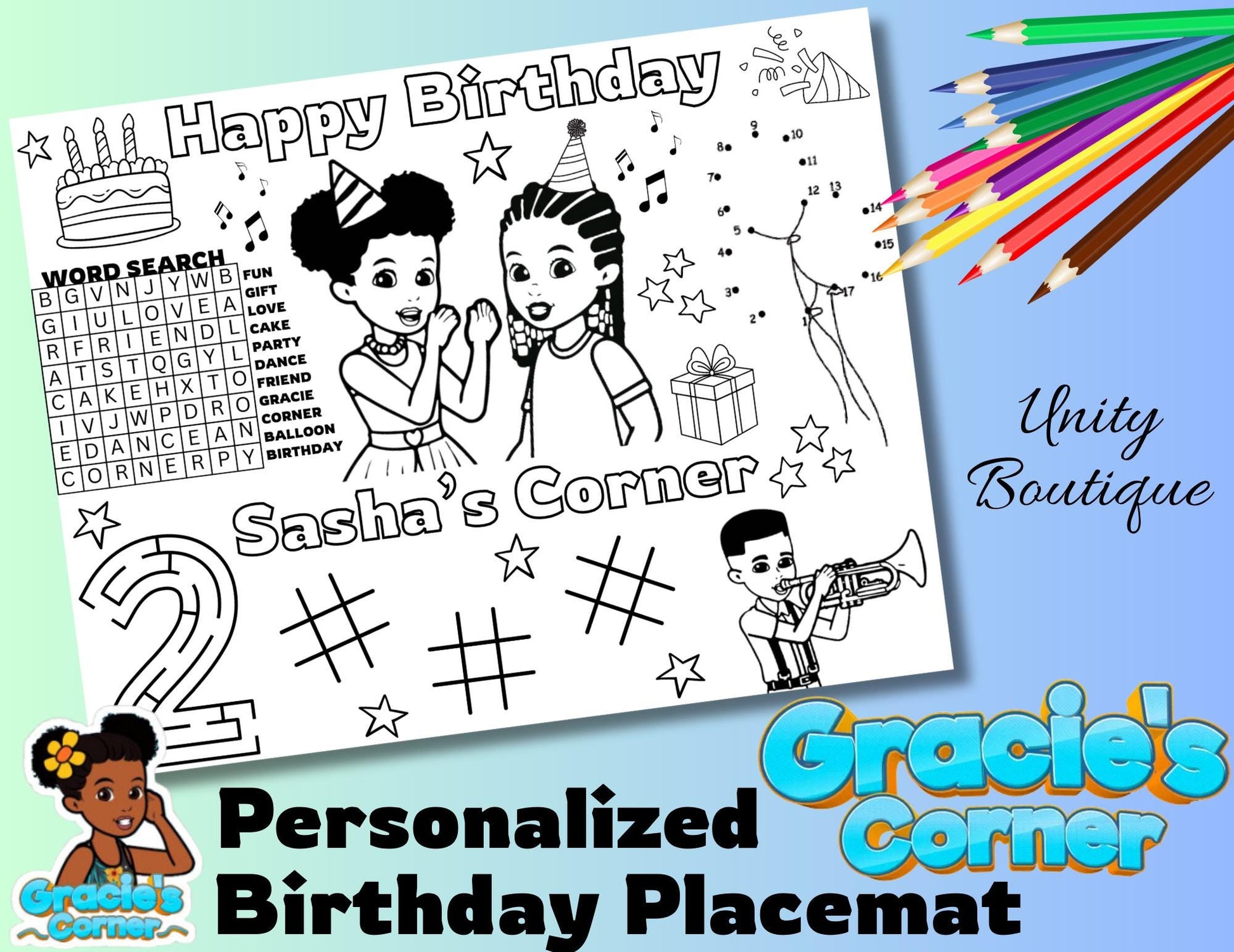 Personalized Gracie's Corner Birthday Activity Placemat, Gracie's Corner Coloring Page