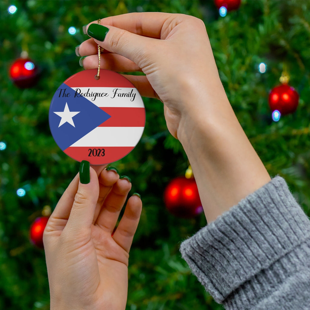 Personalized Puerto Rico Rican Flag Inspired Red Blue White Round Porcelain Ceramic Christmas Ornament Gift Decoration Latina Trip Souvenir