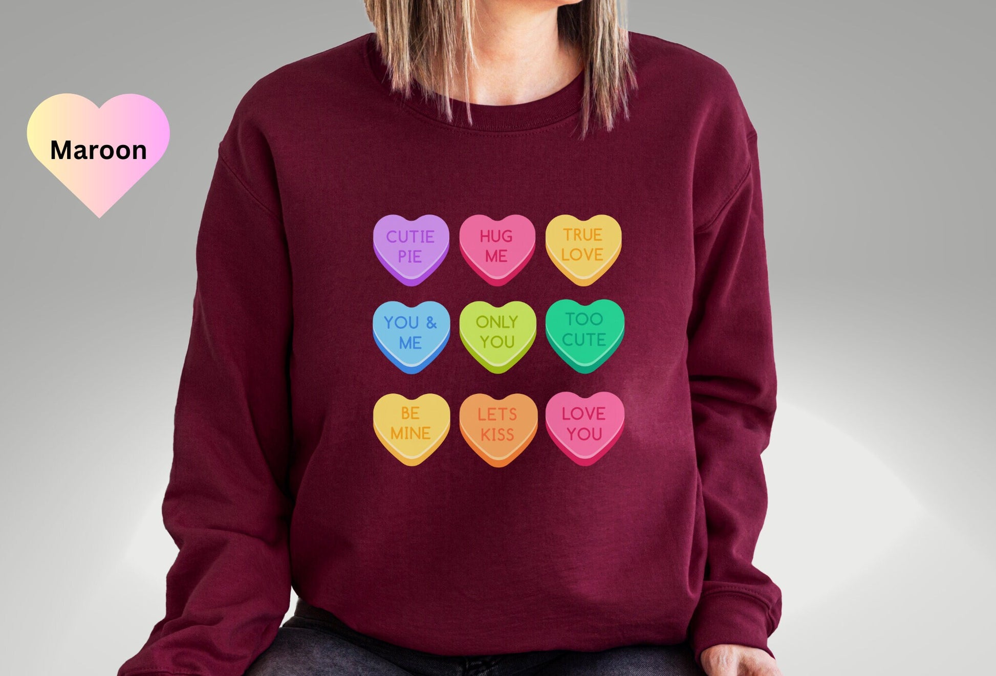 Candy Heart Sweatshirt, Heart Sweatshirt, Cute Valentine's Sweater, Valentines Day Gift, Gift for Her, Conversation Hearts Sweatshirt Retro