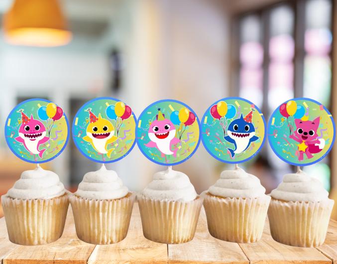 Personalized Baby Shark Birthday Cupcake Toppers,  Custom Baby Shark Party Decoration