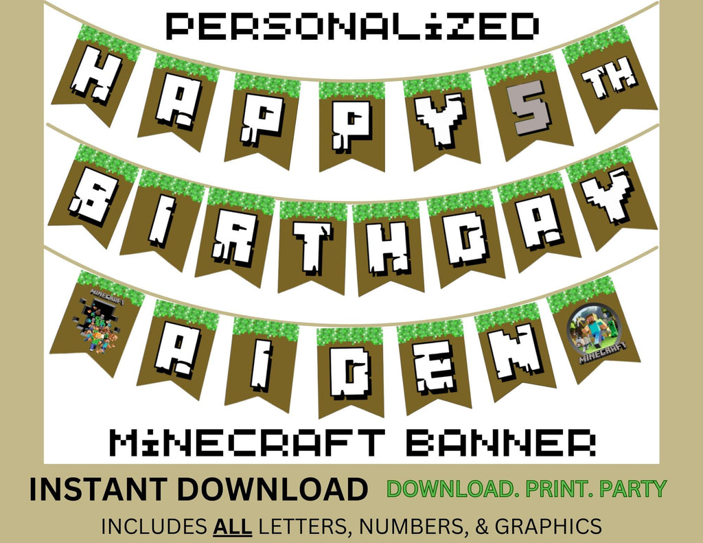 Personalized Minecrafter Birthday Printable Banner, Instant Download Pixel Game Banner, Pixel Craft Birthday Banner, Mine Gamer Party Decor