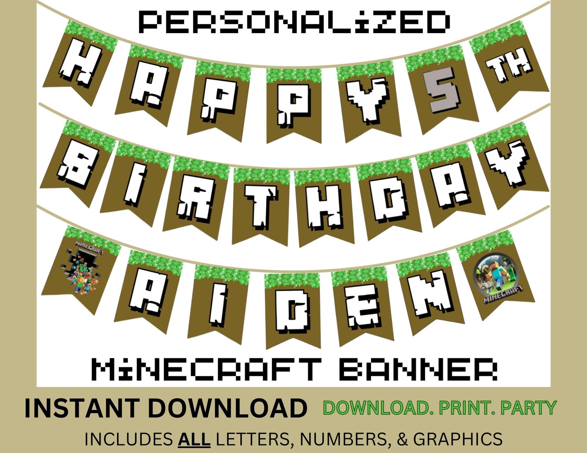 Personalized Minecrafter Birthday Printable Banner, Instant Download Pixel Game Banner, Pixel Craft Birthday Banner, Mine Gamer Party Decor