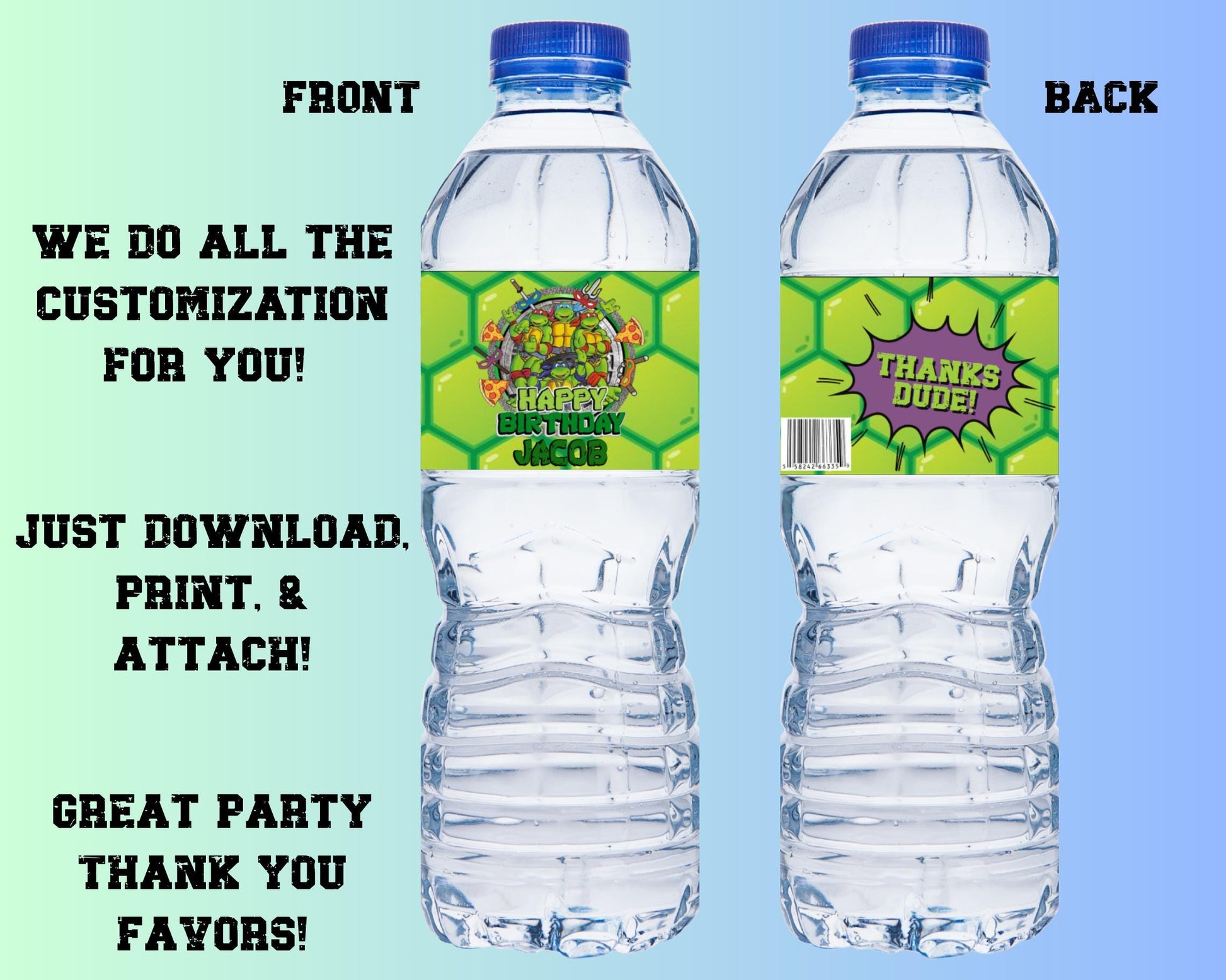 Personalized Teenage Ninja Turtle Water Bottle Labels, Custom Teenage Mutant Ninja Turtle Party Decorations