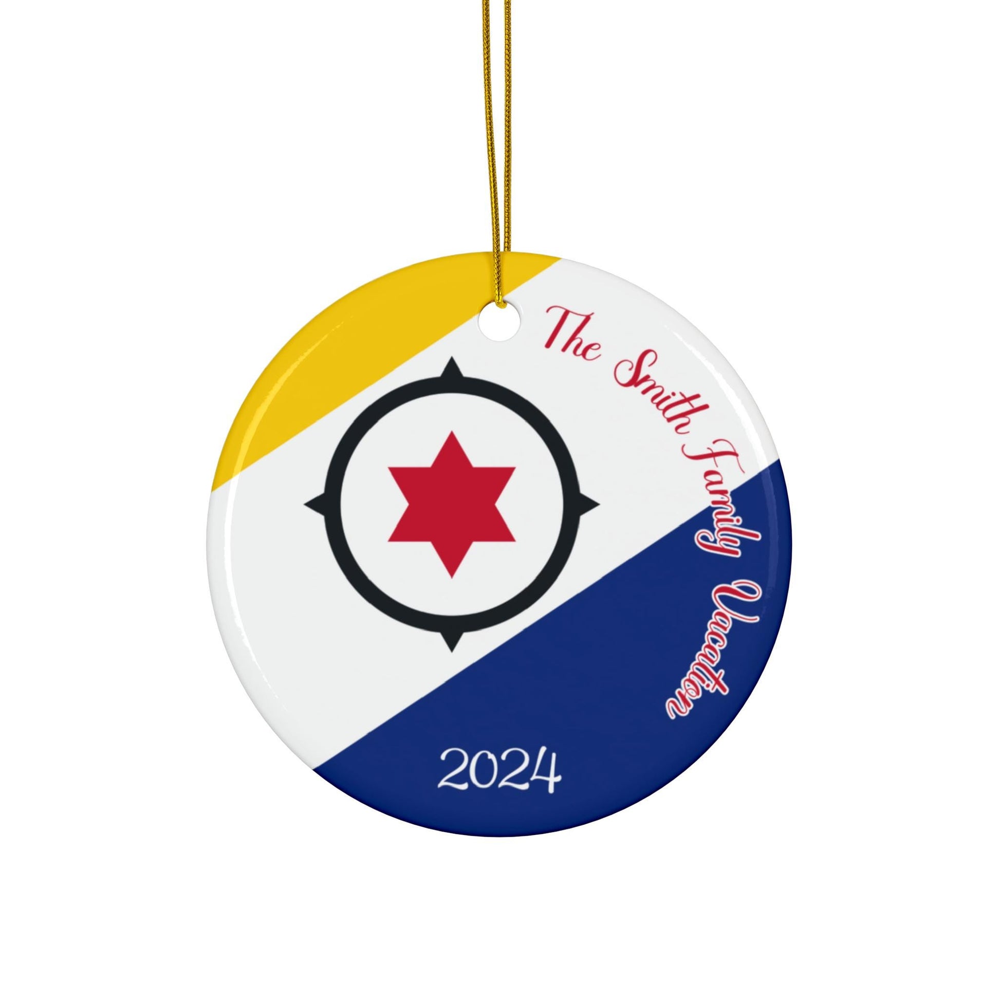 Personalized Bonaire Christmas Ornament, Ceramic Bonairean Flag Inspired Holiday Gift, Caribbean Netherlands Vacation Souvenir, World Travel