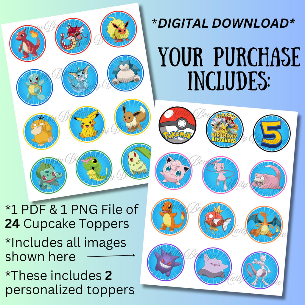 Adornos para cupcakes de Pokémon personalizados, decoración personalizada para fiestas de Pokémon, suministros para fiestas de Pikachu de Gotta Catch Em All