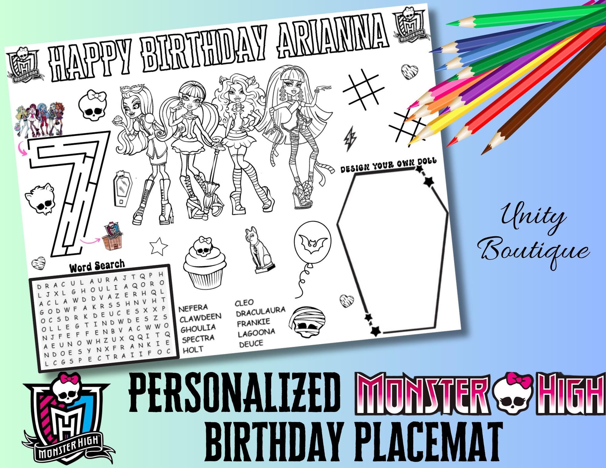 Personalized Monster High Birthday Activity Placemat, Monster High Doll Theme Party Favor