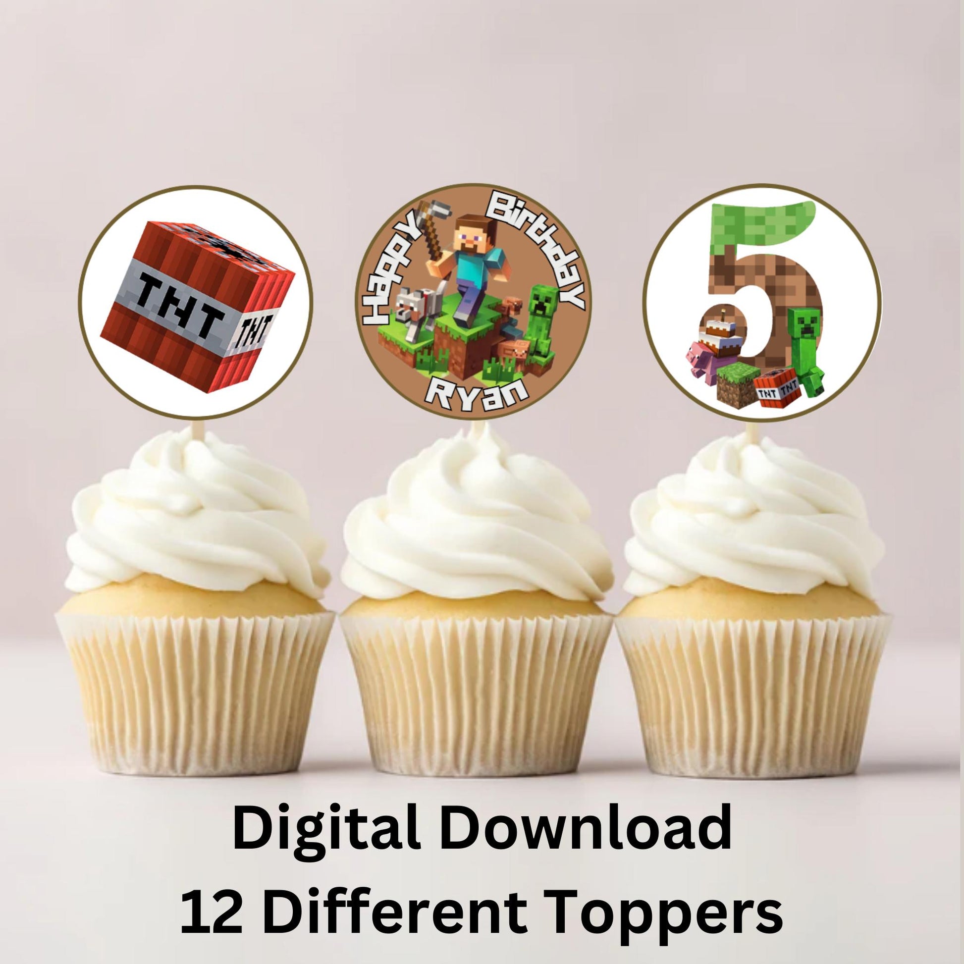 Personalized Minecraft Cupcake Toppers, Mincraft Birthday Theme Cupcake Topper Decorations
