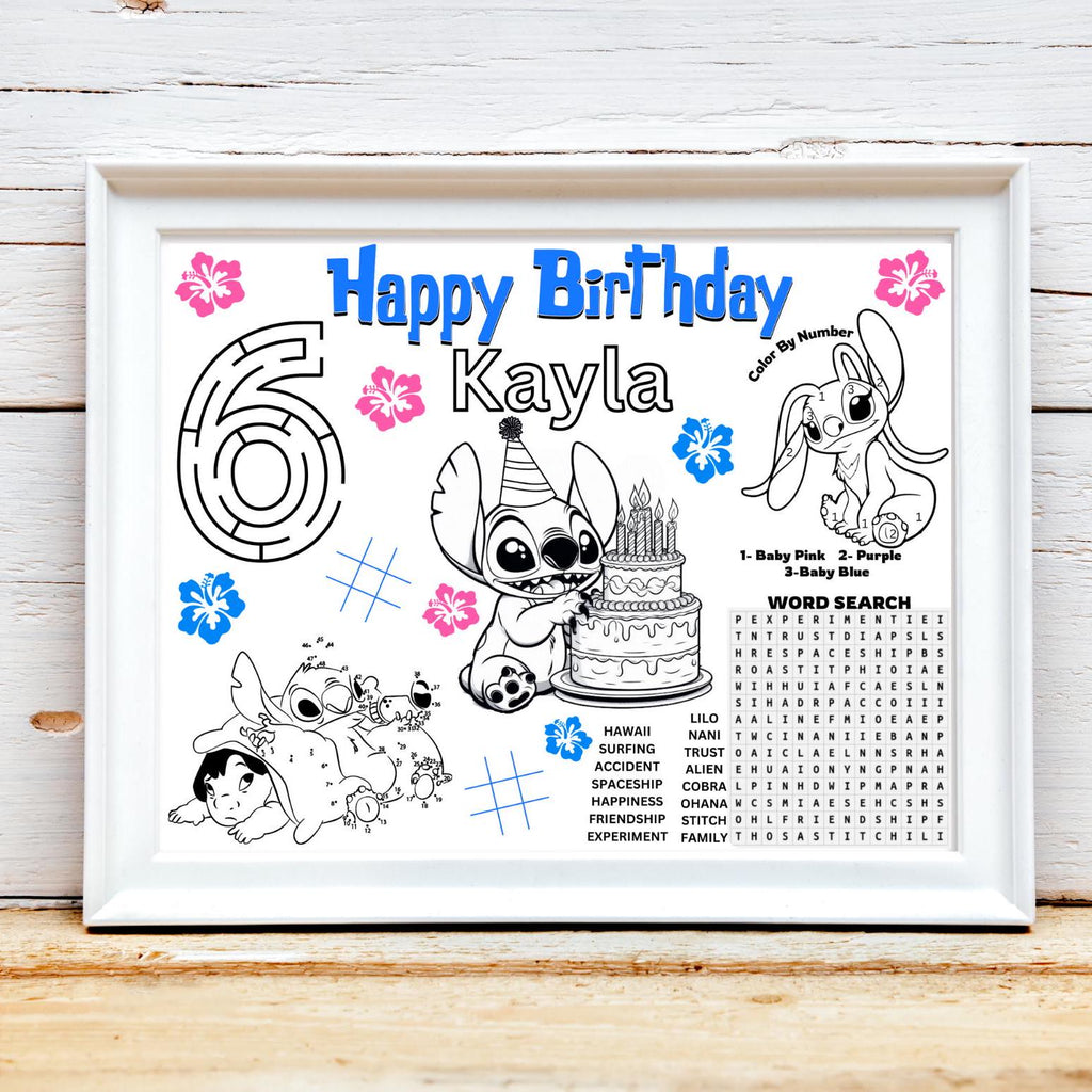Personalized Stitch Birthday Activity Placemat, Custom Lilo & Stitch Birthday Coloring Sheet
