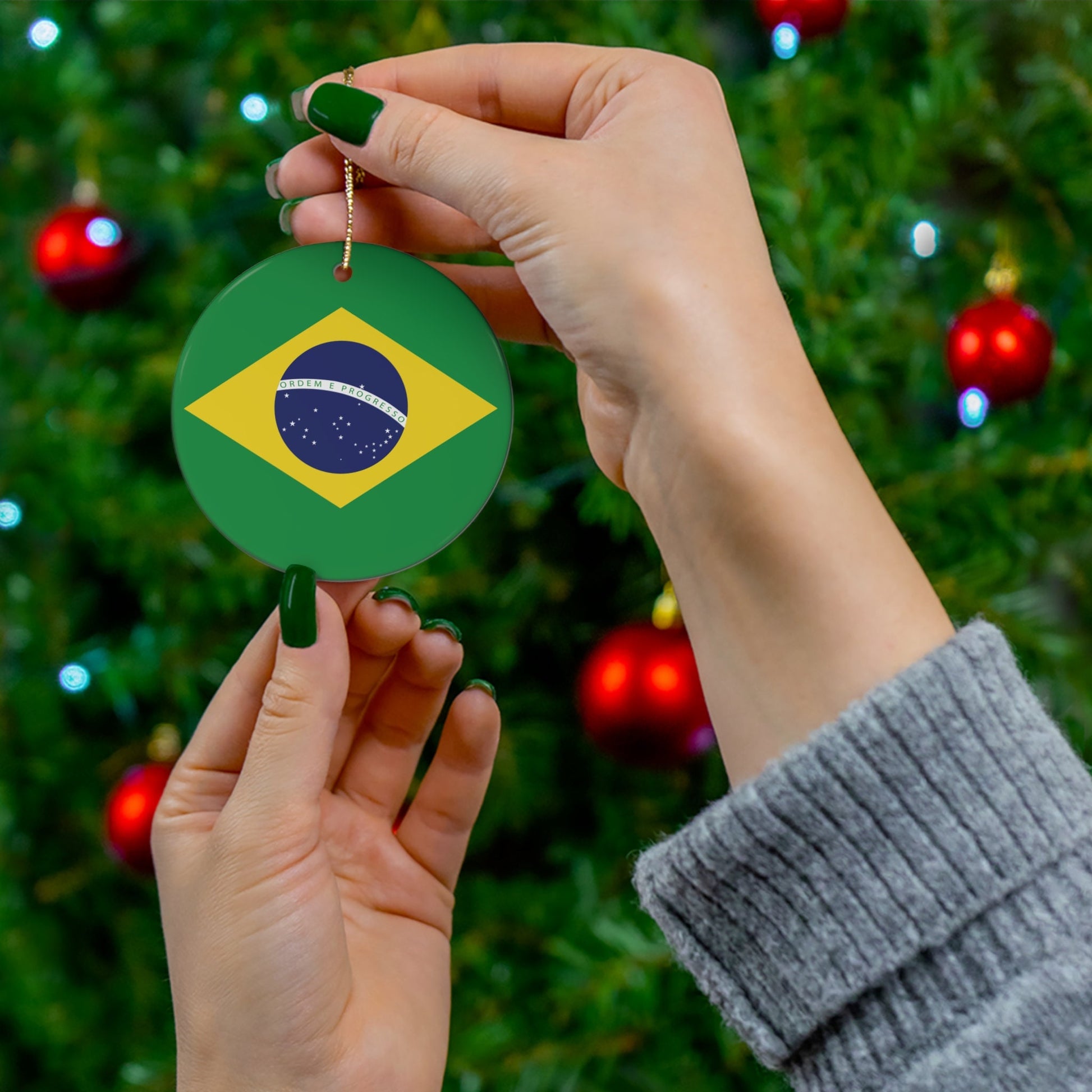 Personalized Brazil Brazilian Flag Green Yellow Blue Round Porcelain Ceramic Custom Christmas Ornament Gift Decoration Holiday World Travel
