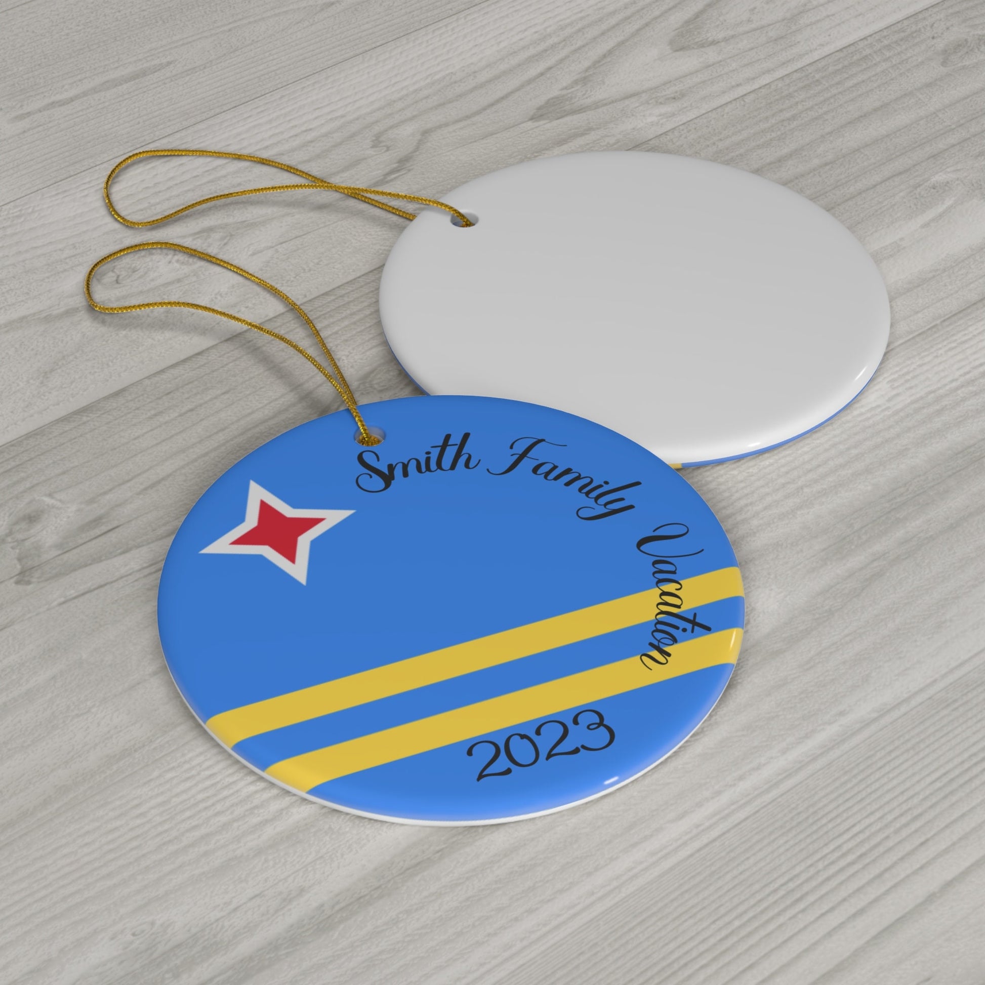 Personalized Aruba Ceramic Ornament Christmas Decor, Holiday Decoration, Aruban Flag, World Travel, Caribbean Island, Blue, Yellow, Souvenir
