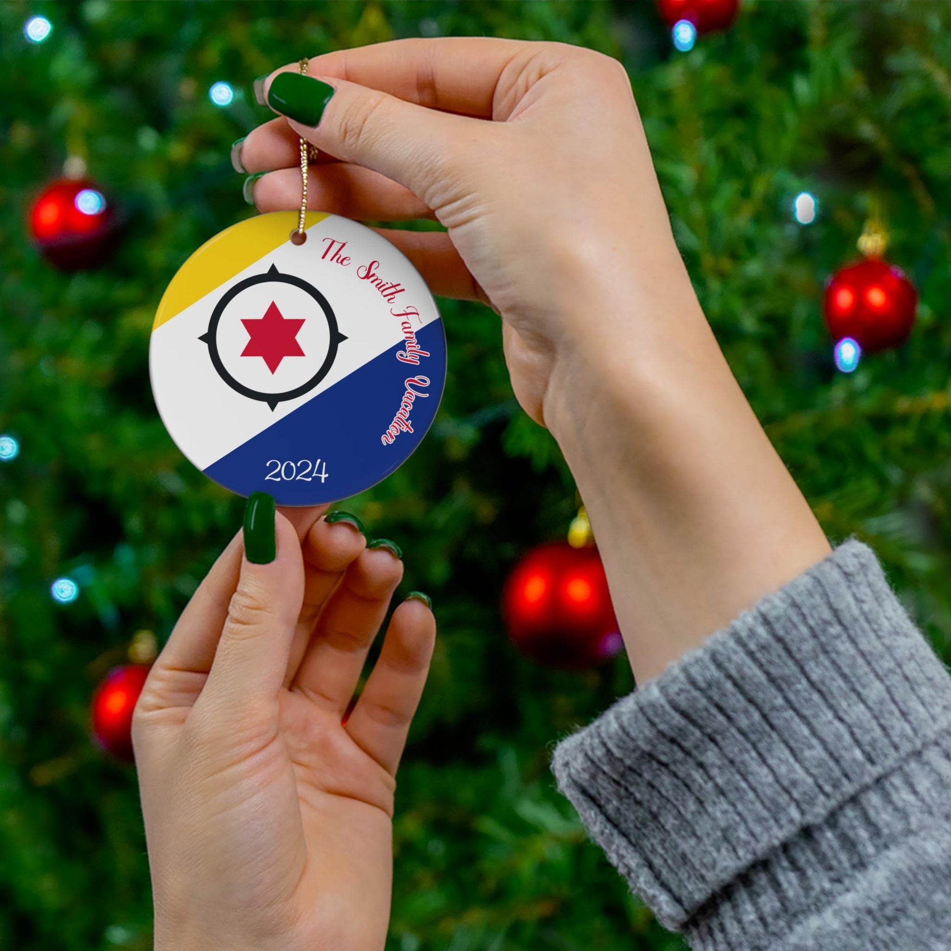 Personalized Bonaire Christmas Ornament, Ceramic Bonairean Flag Inspired Holiday Gift, Caribbean Netherlands Vacation Souvenir, World Travel