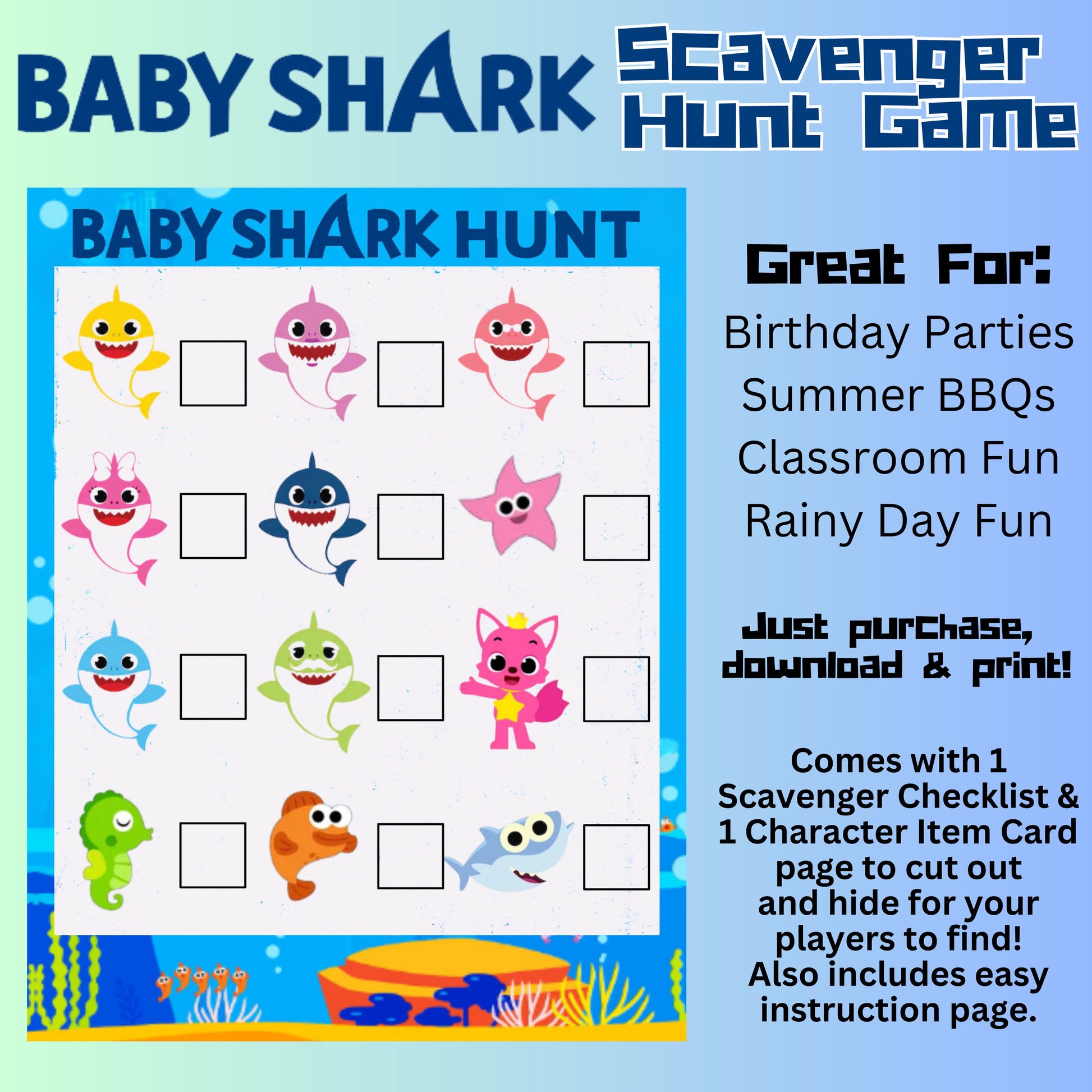 Baby Shark Scavenger Hunt Game, Shark Birthday Party Game, Printable Baby Shark Treasure Hunt Game, Shark Party Favor, Instant Download Shark